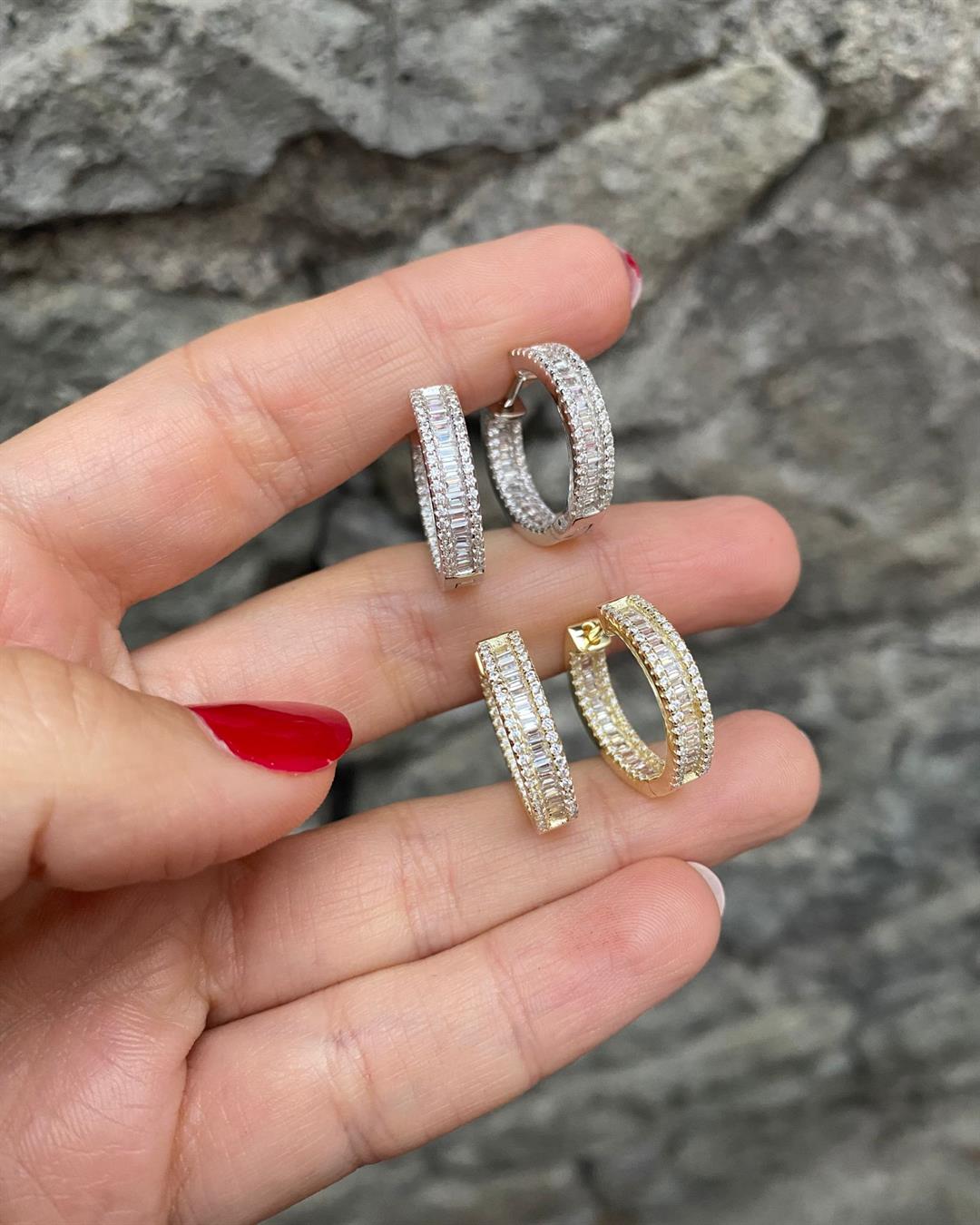 Kadın Gümüş İthal Baget Taşlı Halka Küpe 5252