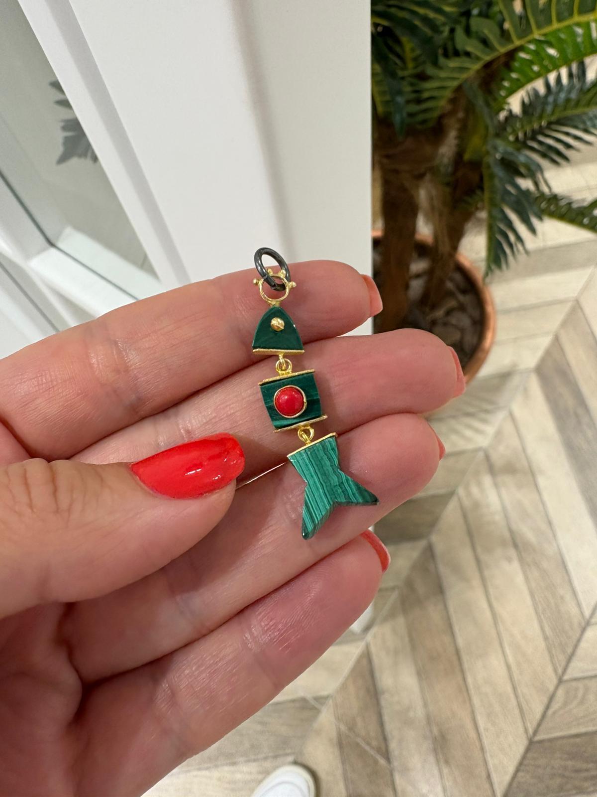 Kadın Gümüş Malahit Doğal Taş Fish Kolye