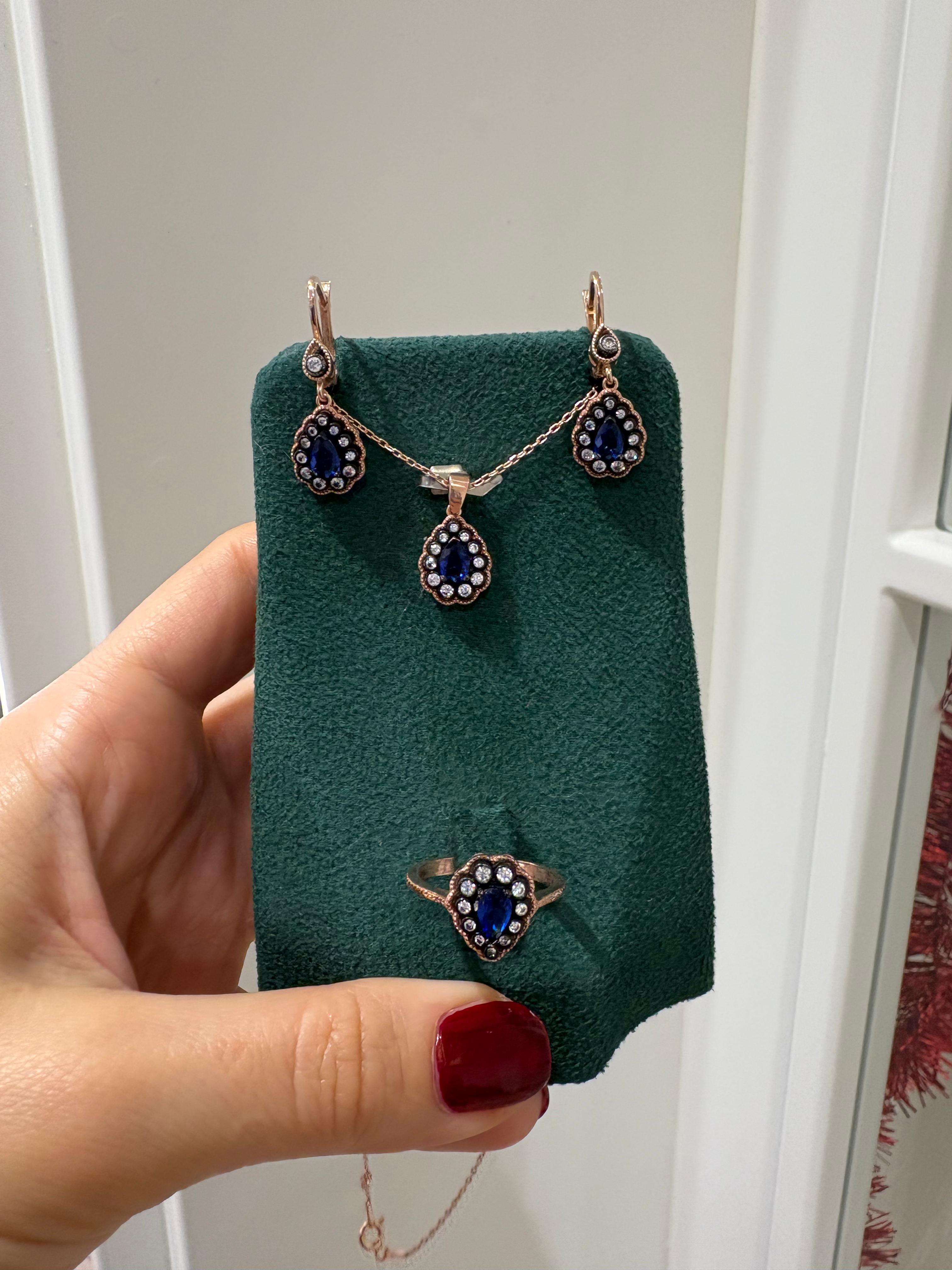 Kadın Gümüş Mavi Taşlı Elmas Montür Set