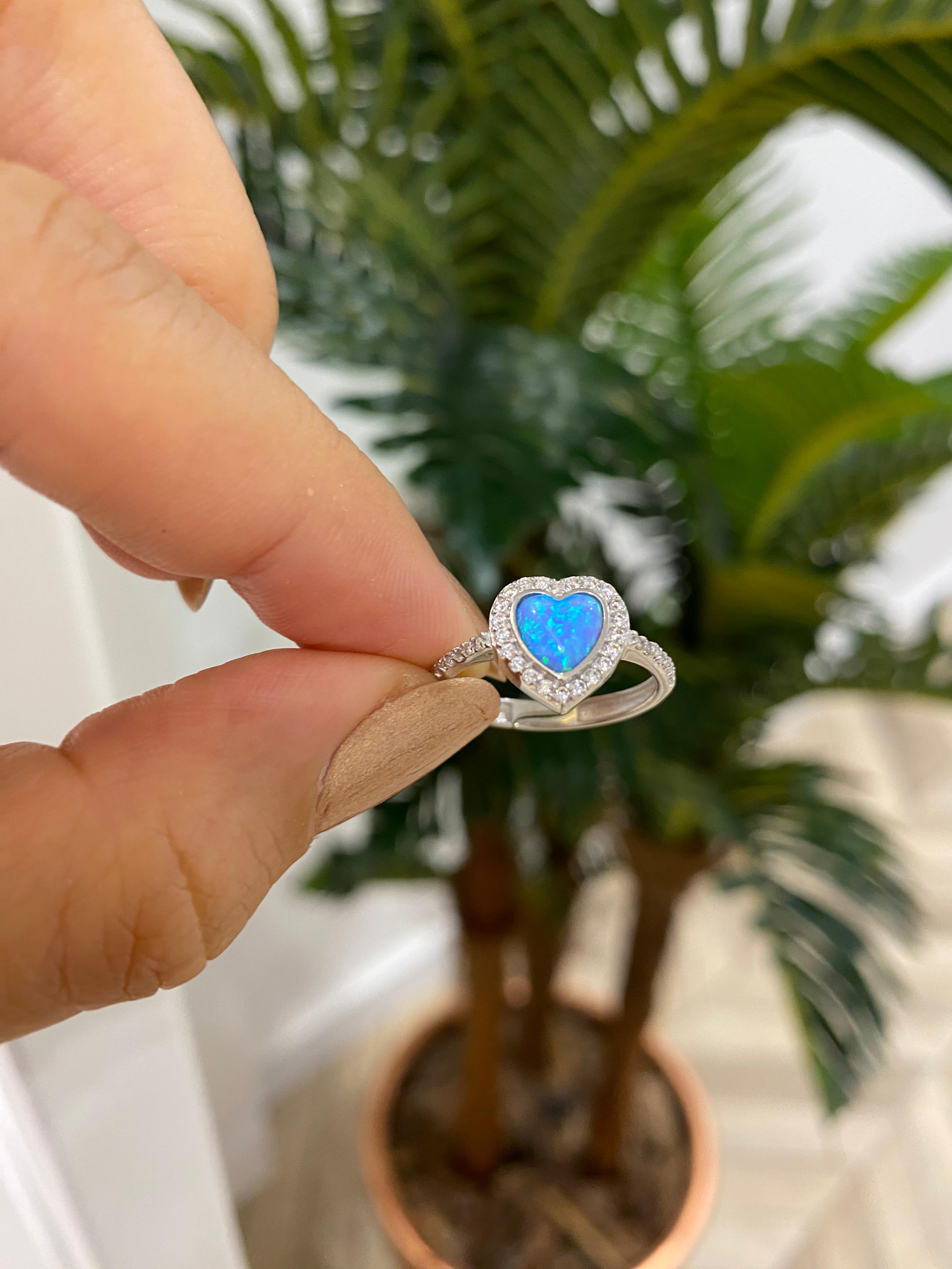 Kadın Gümüş Opal Taşlı Kalp Yüzük