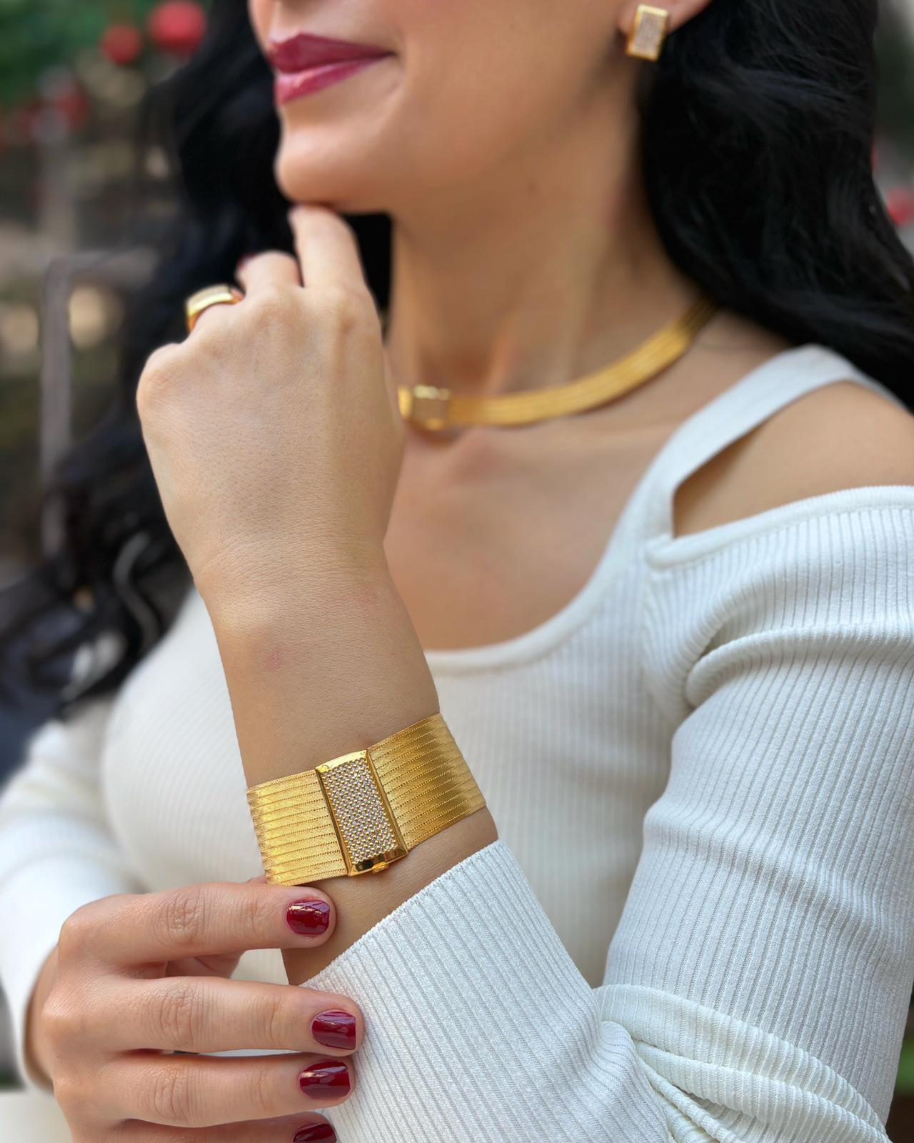 Kadın Gümüş Trabzon Hasır Full Taşlı 13 Sıra Bileklik 5 Sıra Gerdanlık Yüzük ve Küpe Seti