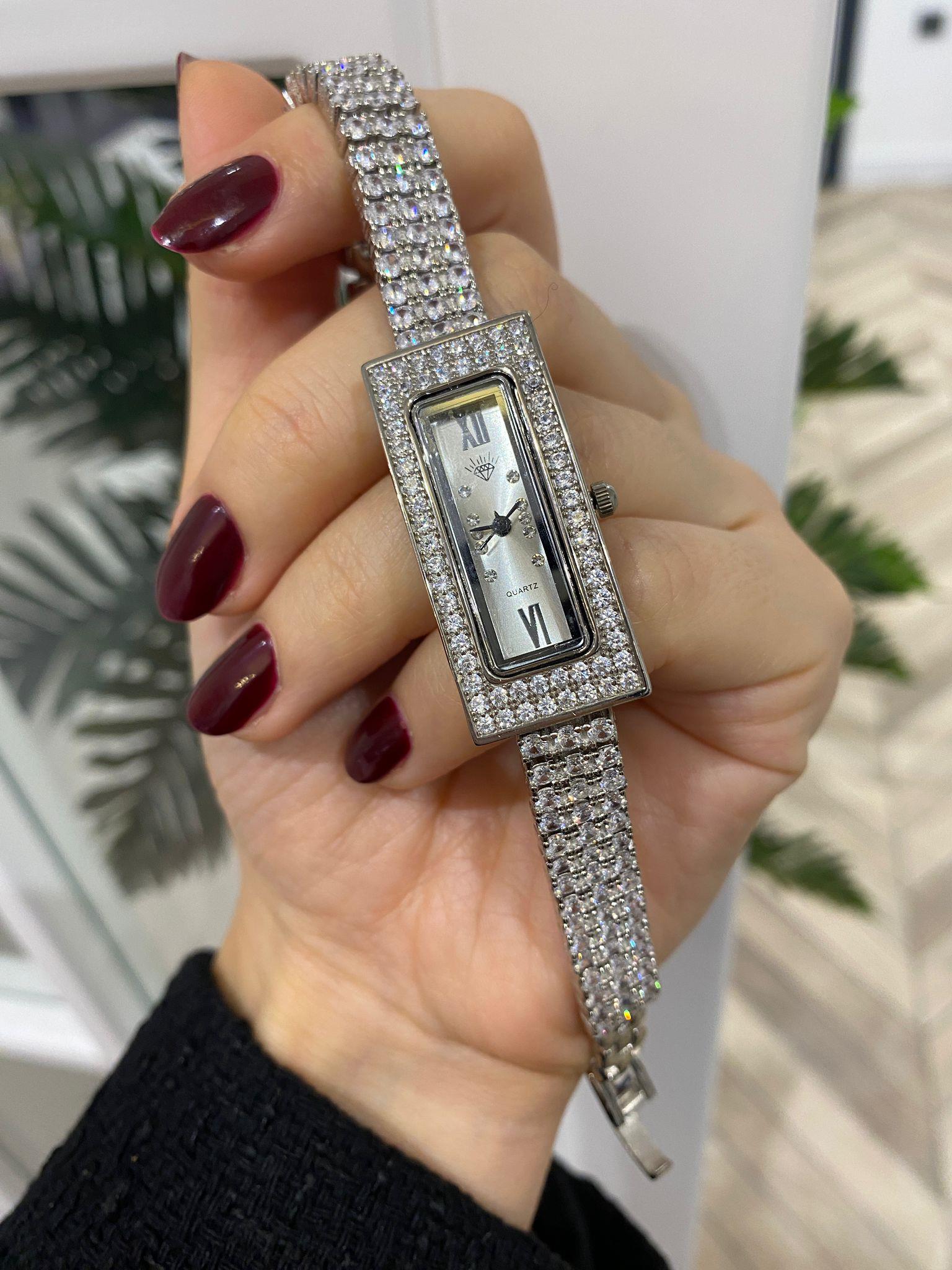 925 Ayar Gümüş Dikdörtgen TaşlıSaat 