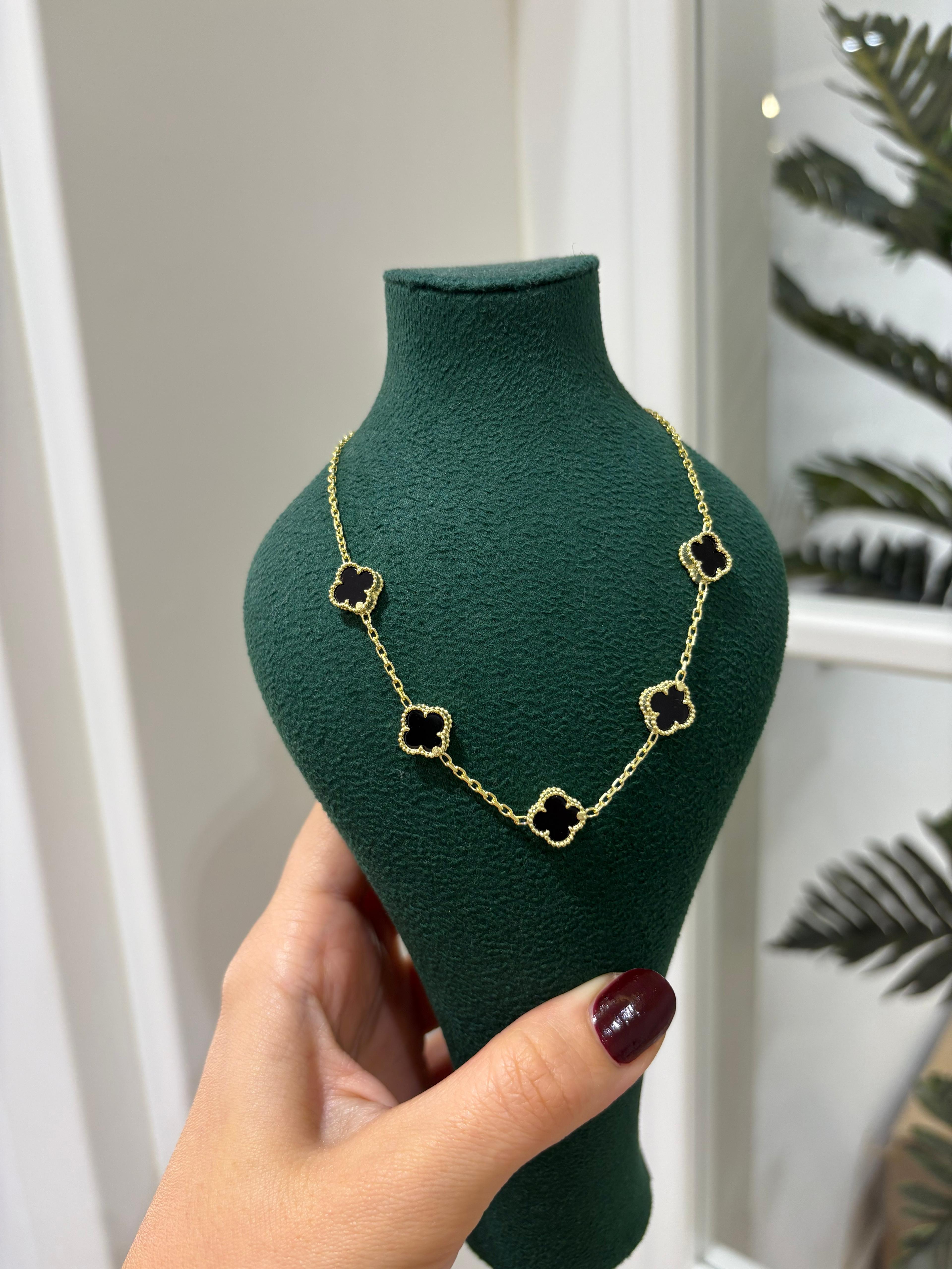 Kadın Gümüş 5 Yoncalı Siyah Kolye 