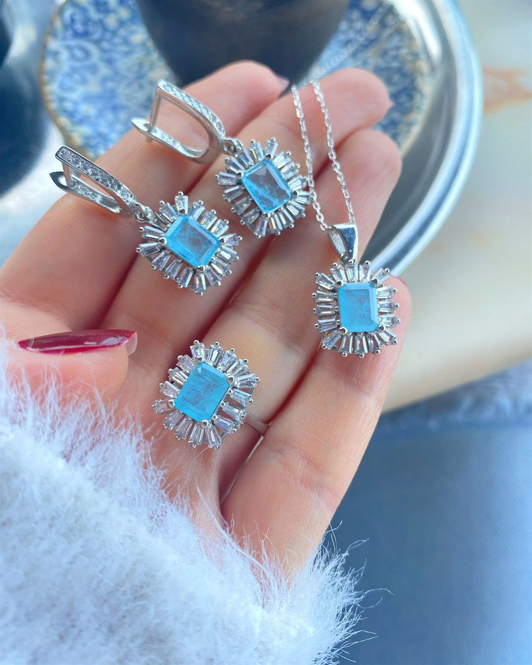 Kadın Gümüş Akuamarin Taşlı Set