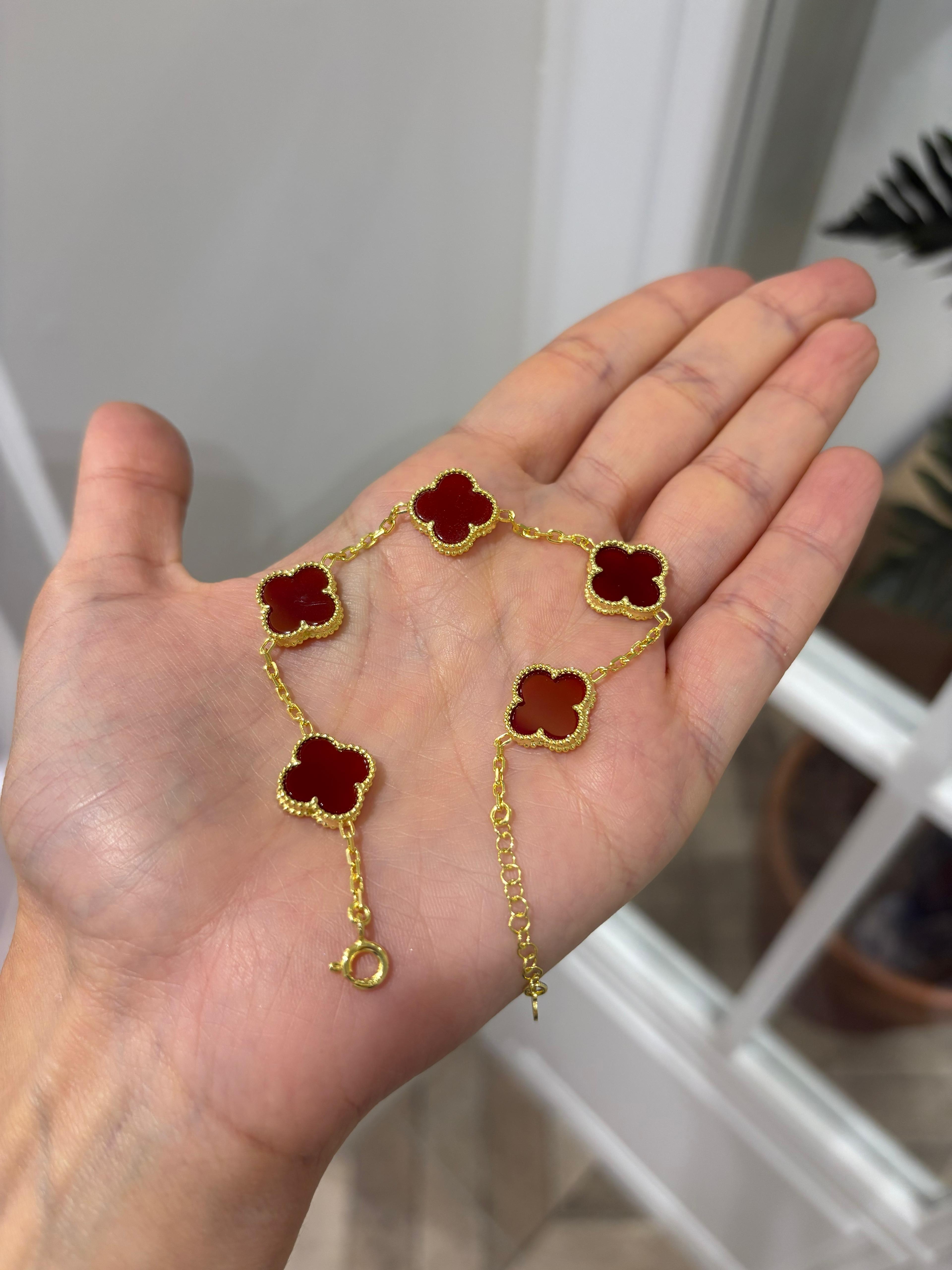 Kadın Gümüş  Büyük Boy 5 Yoncalı Bordo Bileklik 