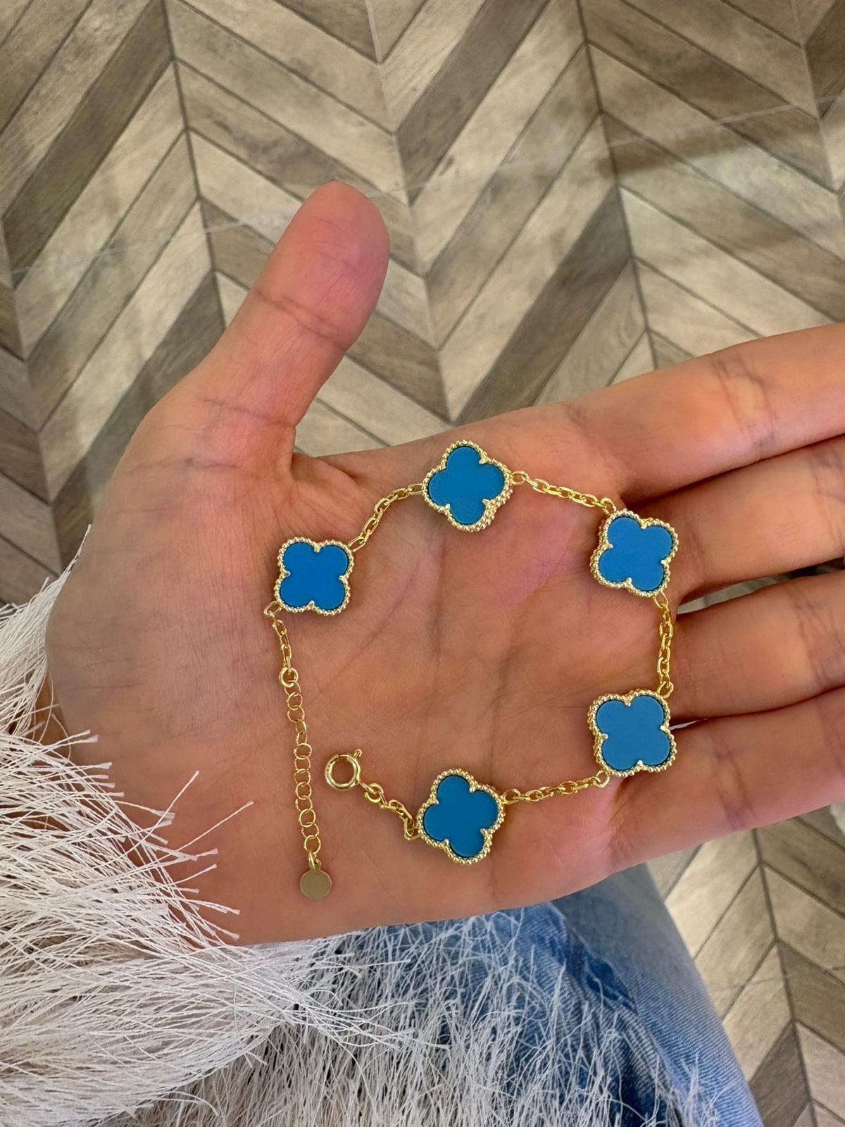 Kadın Gümüş Büyük Boy 5 Yoncalı Turkuaz Bileklik 