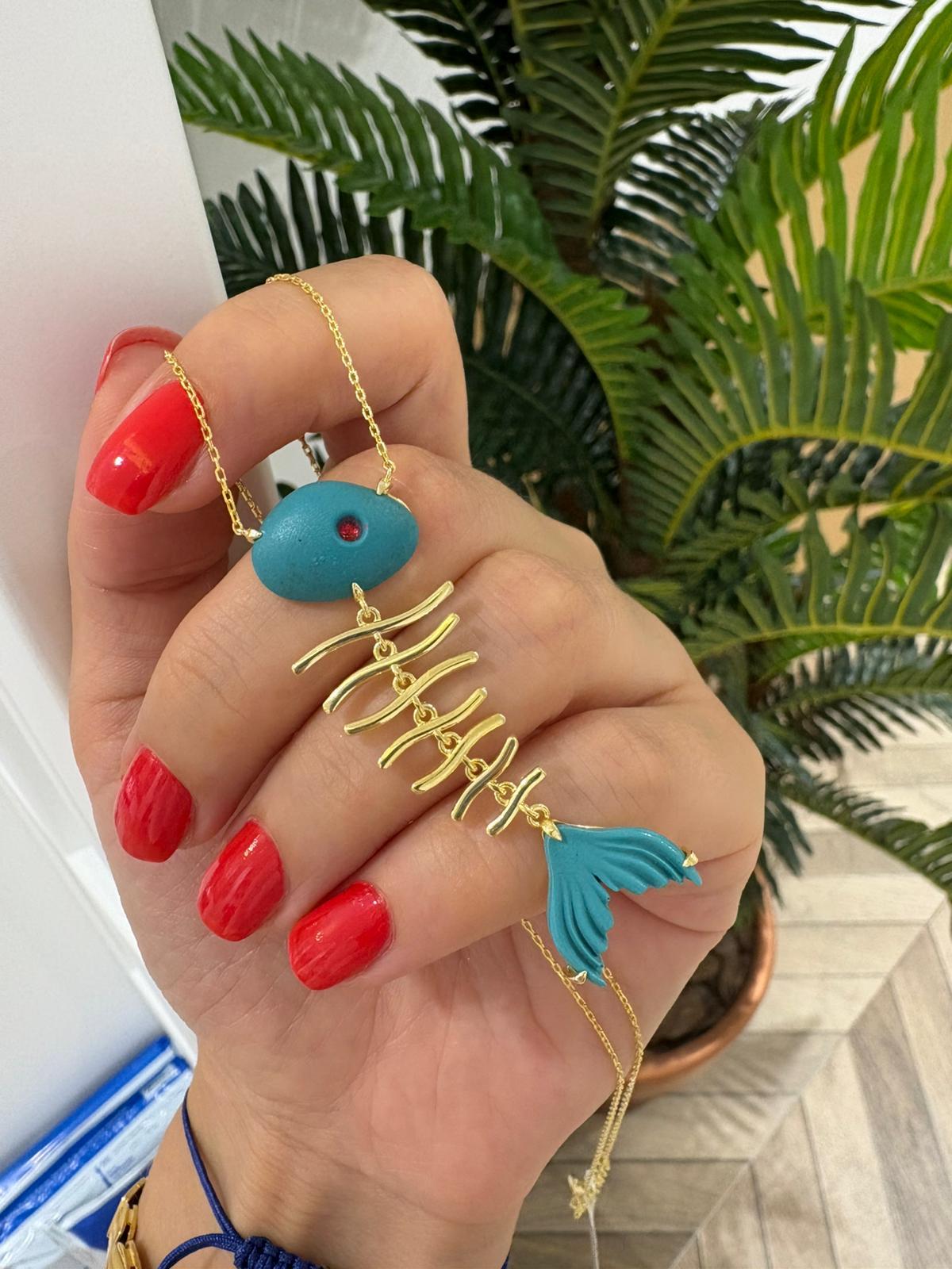 Kadın Gümüş Doğal Taş Kılçık Fish Kolye