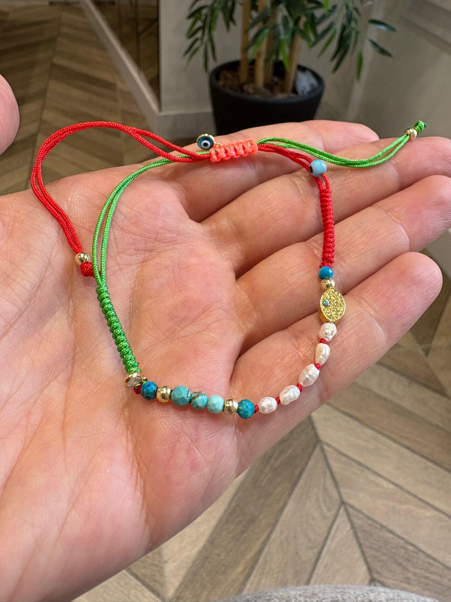 Kadın Gümüş Doğal Taşlı İncili  İp Bileklik