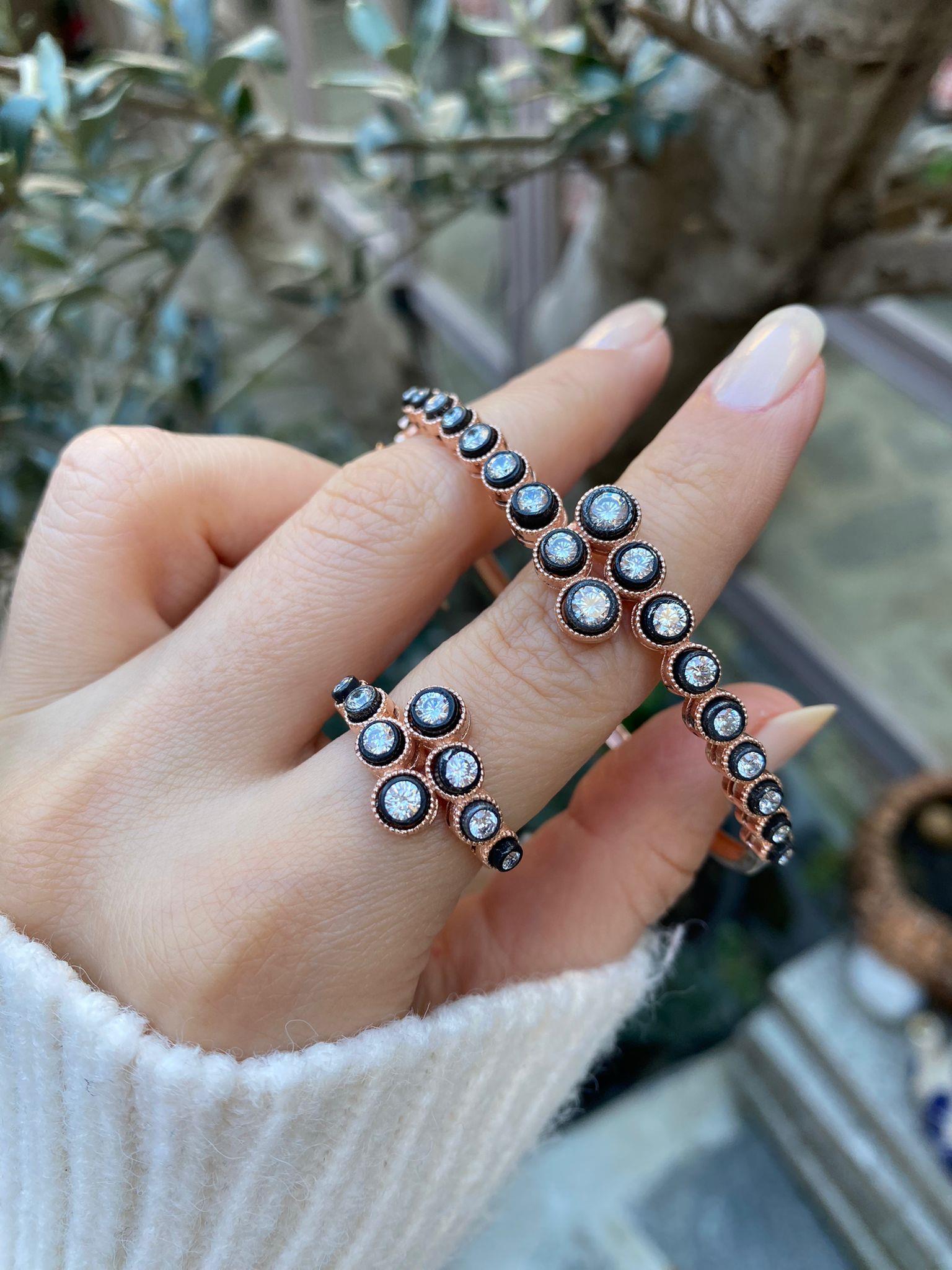 Kadın Gümüş Elmas Montür Kelepçe ve Yüzük Seti 5831