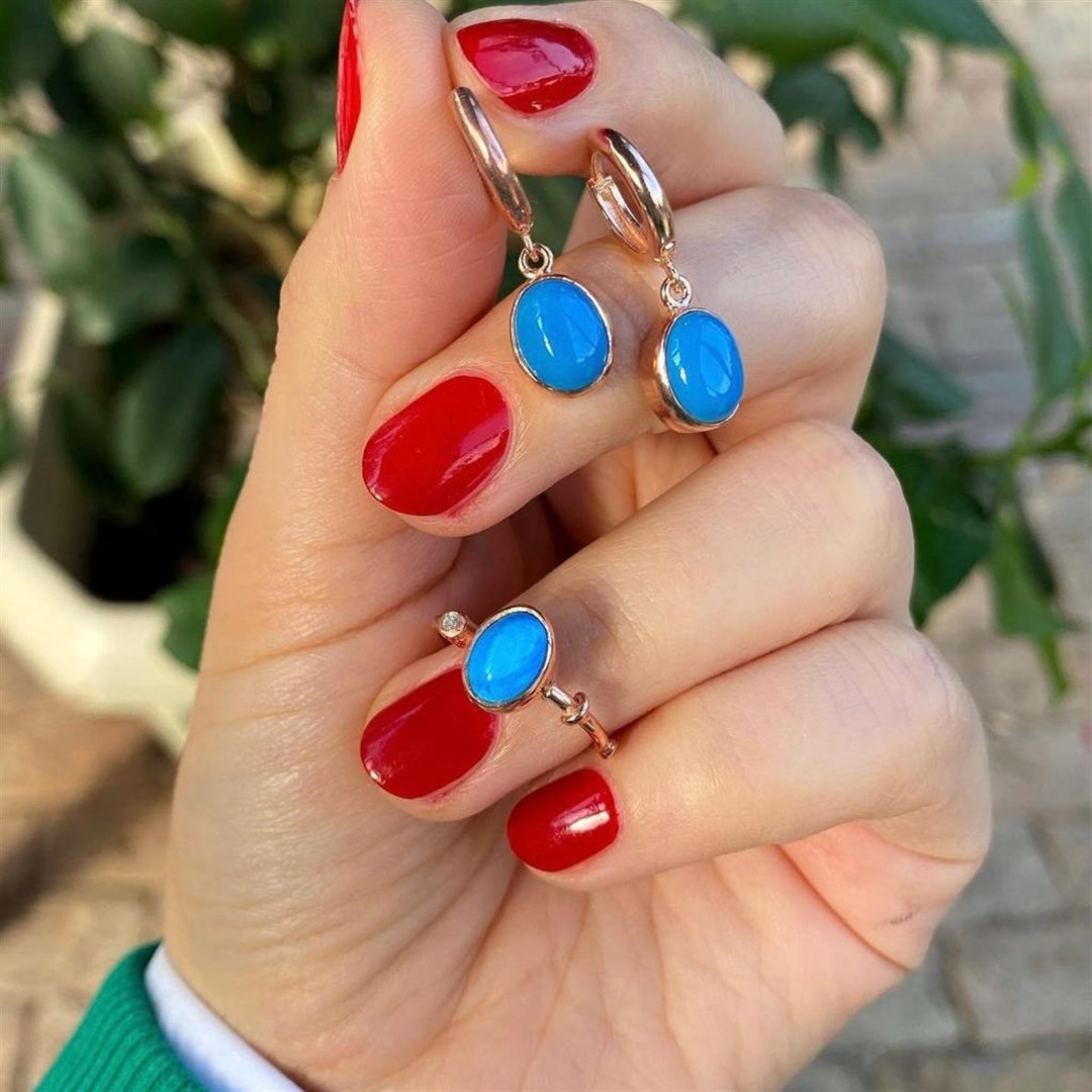 Kadın Gümüş Firuze Taşlı Küpe Ve Yüzük Kombini