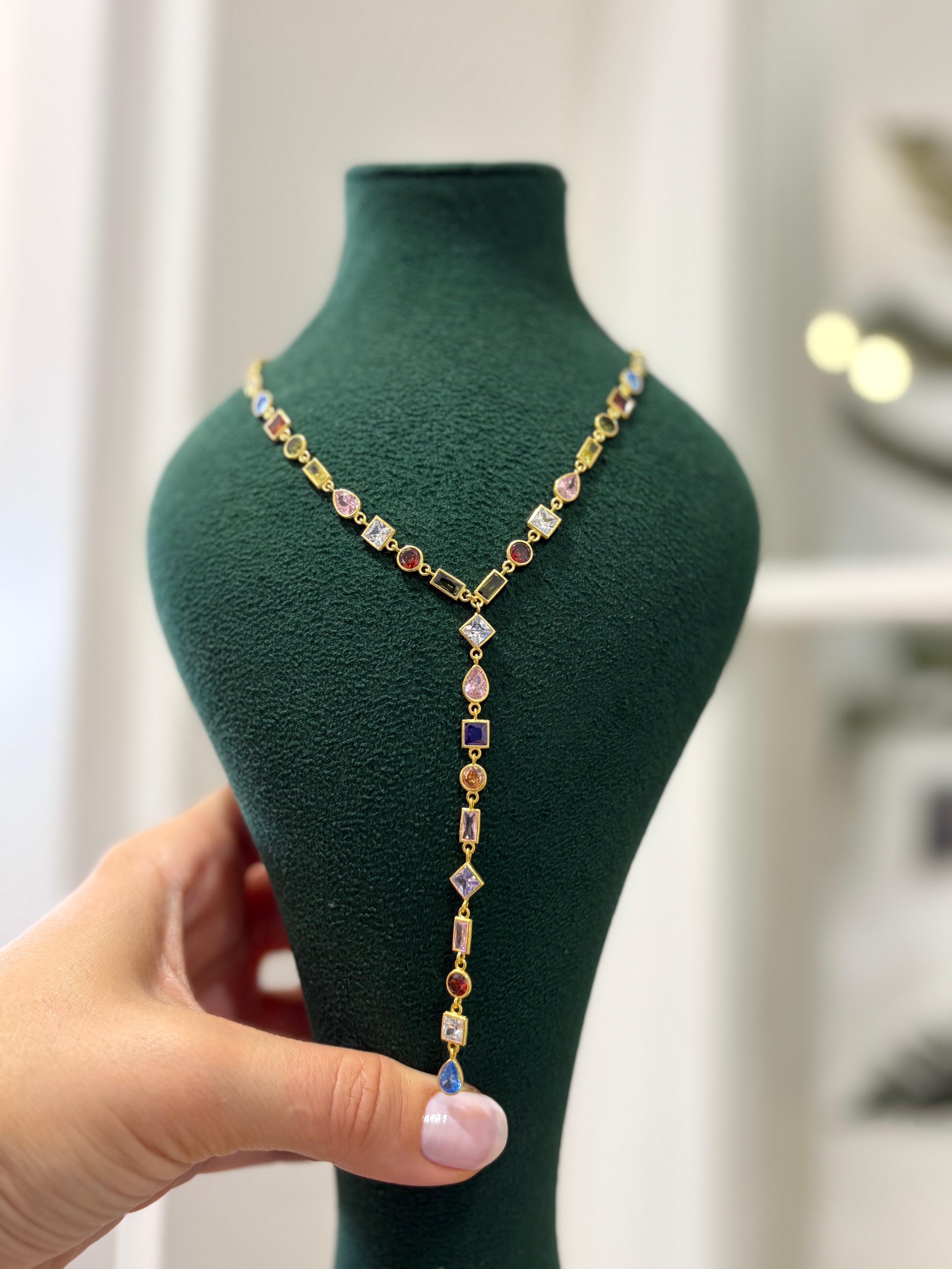 Kadın Gümüş Gold Renkli Taşlı Y Kolye