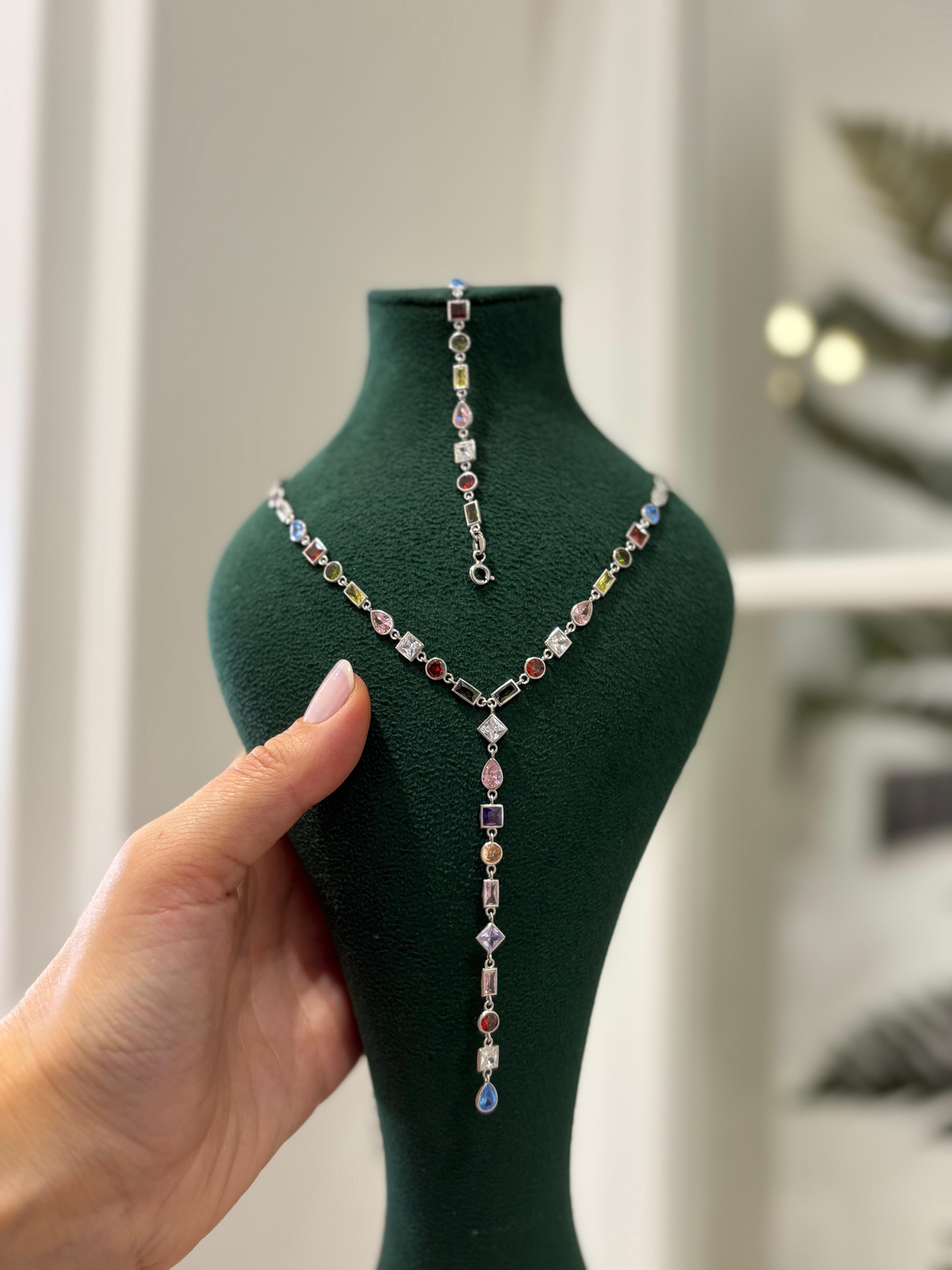 Kadın Gümüş Gold Renkli Taşlı Y Kolye ve Bileklik 