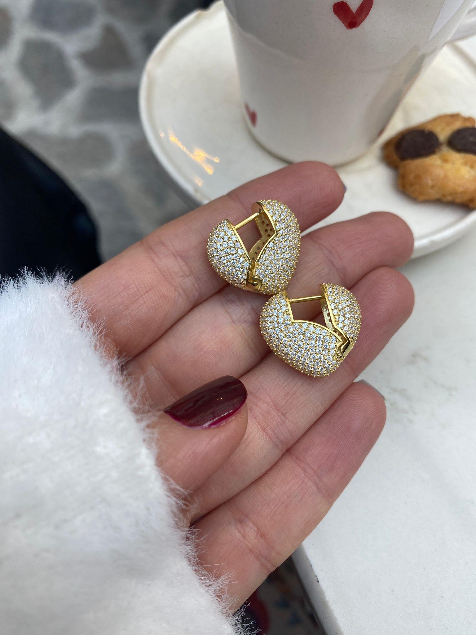 Kadın Gümüş Gold Taşlı Kalp Küpe