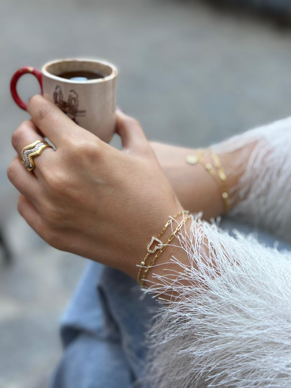 Kadın Gümüş Gold Zincirli Kalp Bileklik