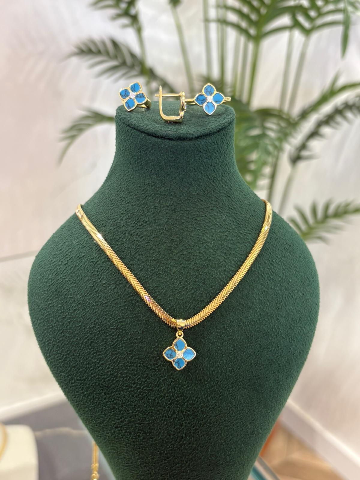 Kadın Gümüş Gold Zincirli Kolye Küpe ve Yüzük Set