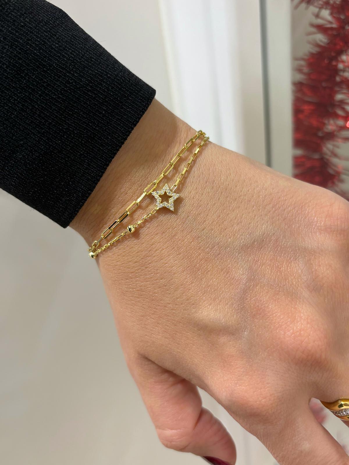 Kadın Gümüş Gold Zincirli Yıldız Bileklik