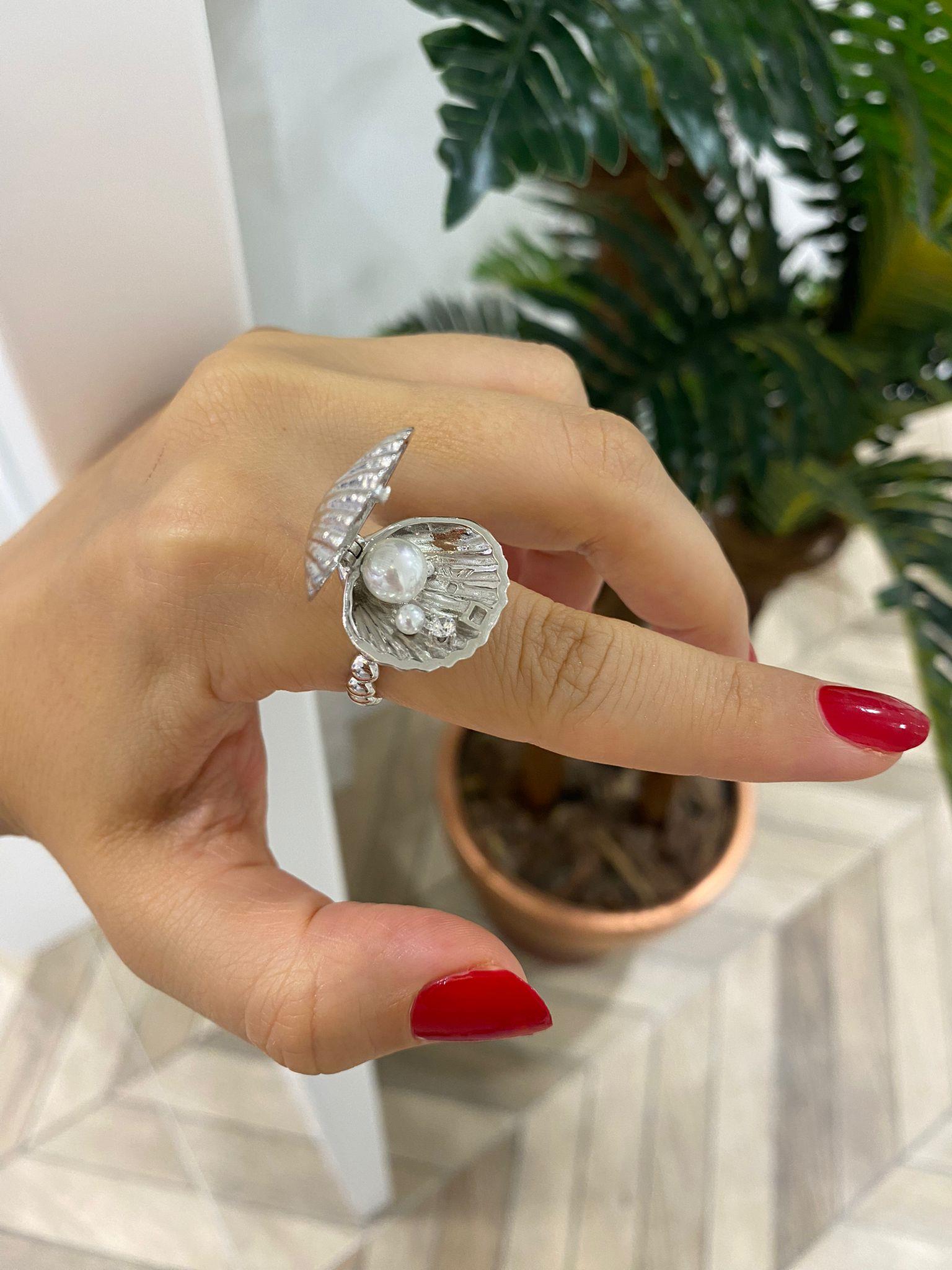 Kadın Gümüş İncili Deniz Kabuğu Yüzük