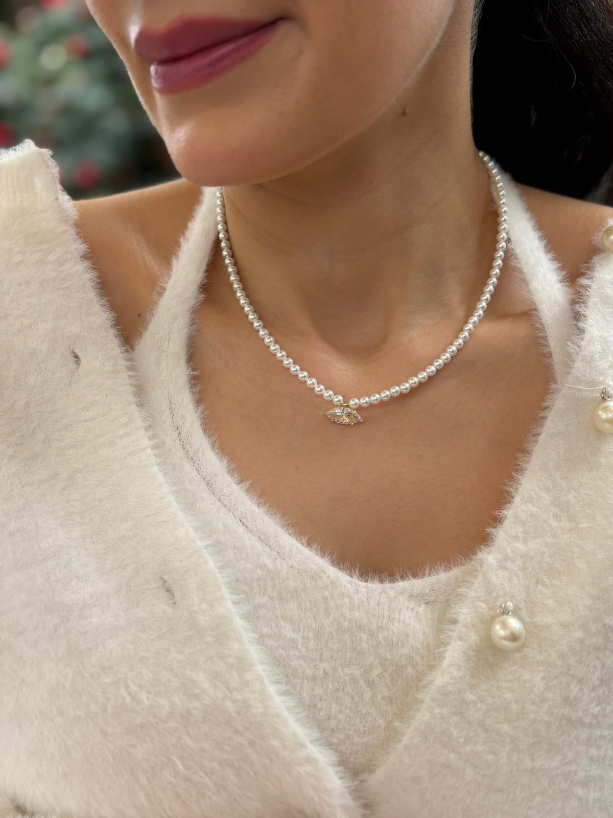 Kadın Gümüş İncili Markiz Kolye