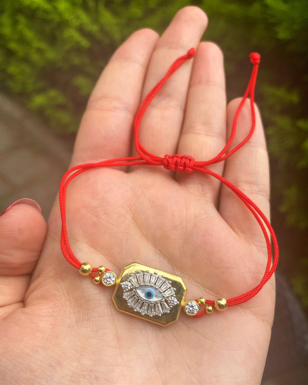 Kadın Gümüş Kırmızı İpli Baget Göz Bileklik