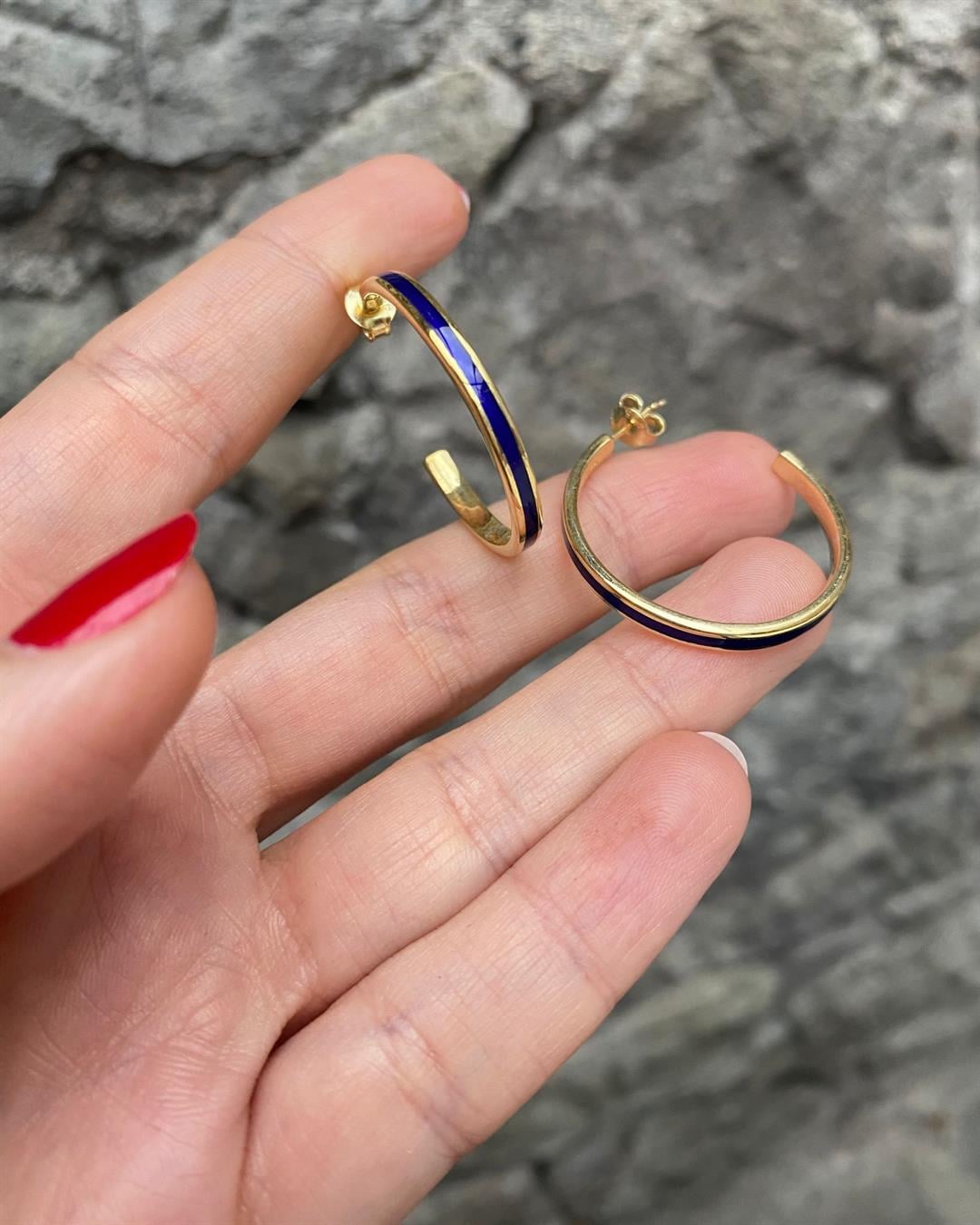 Kadın Gümüş Lacivert Mineli Halka Küpe (2.6 cm) 0937