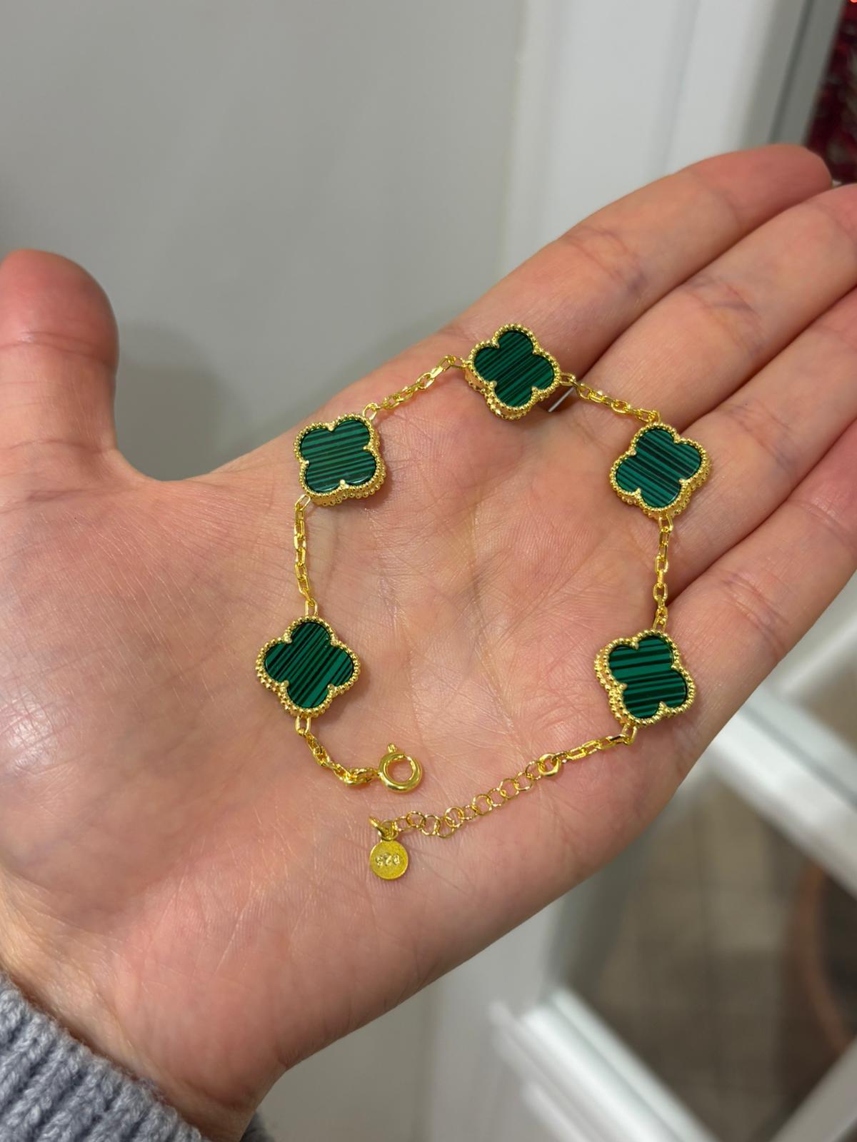 Kadın Gümüş Malahit Taşlı Yonca Bileklik