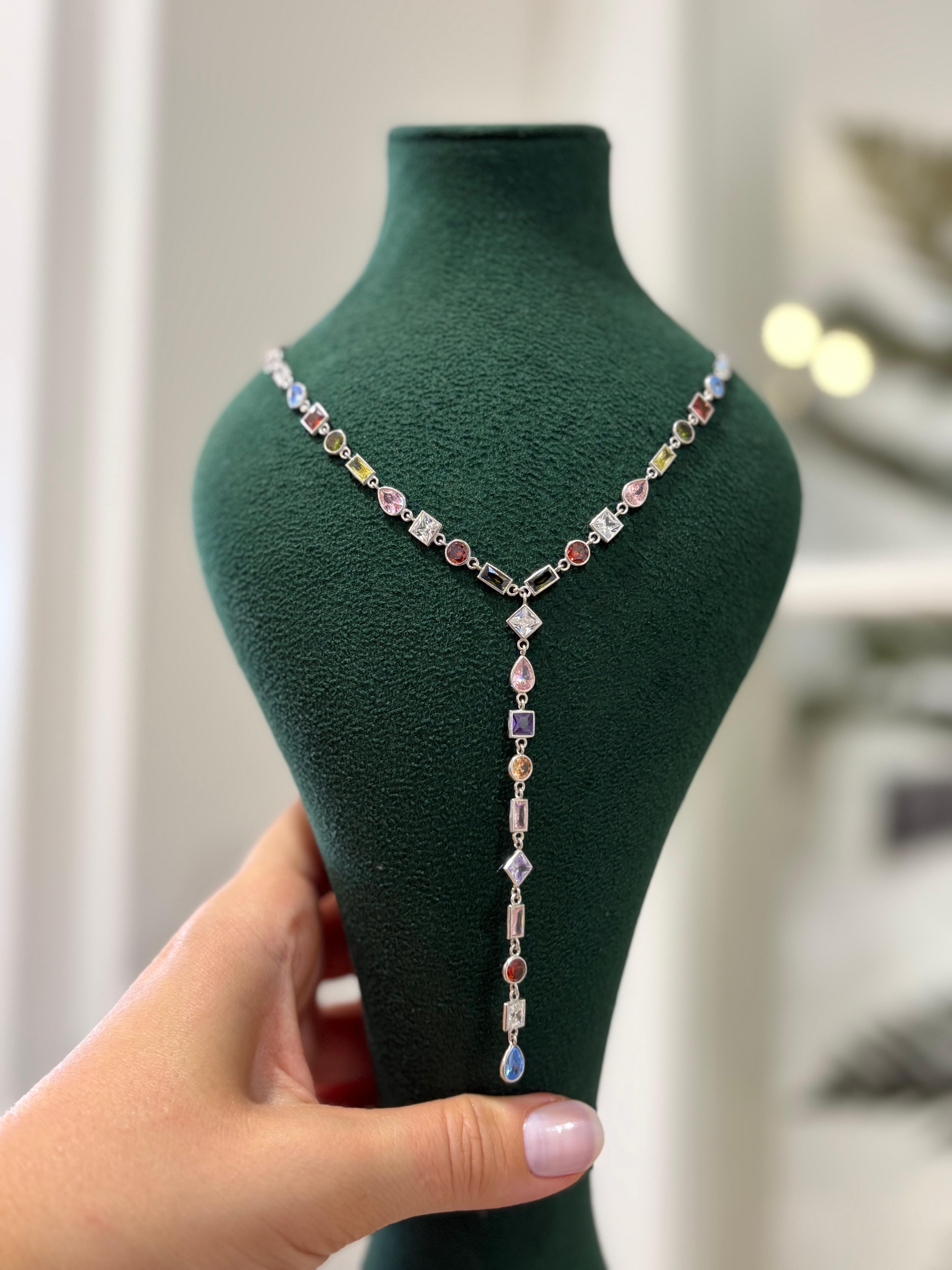 Kadın Gümüş Renkli Taşlı Y kolye