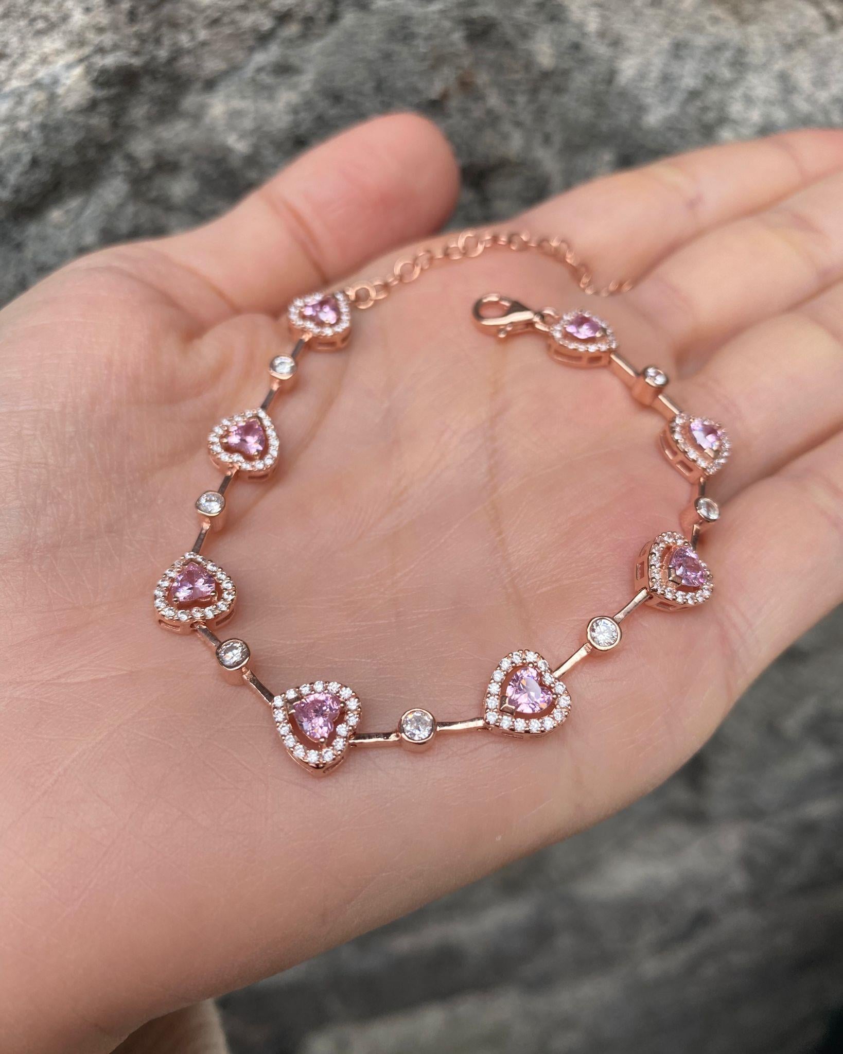Kadın Gümüş Rose Pembe Kalpli Bileklik 0040