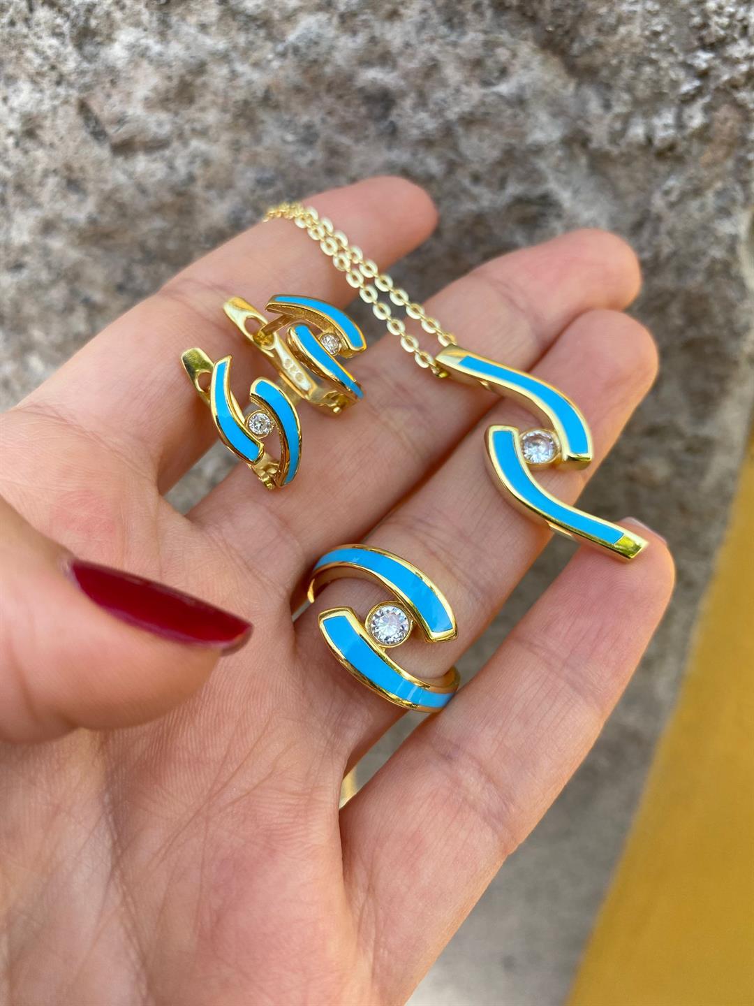 Kadın Gümüş Turkuaz Mineli Set 