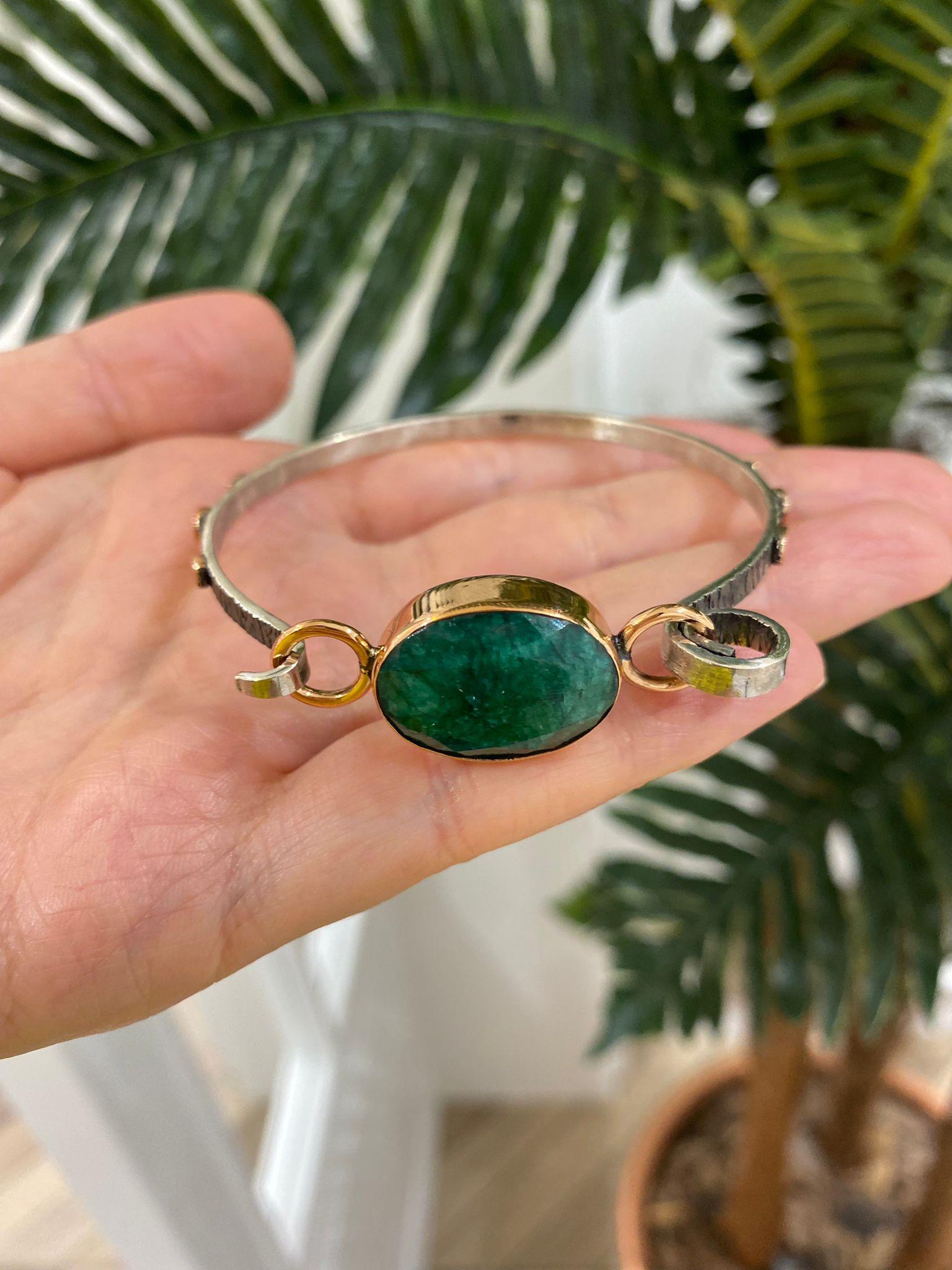 Kadın Gümüş Zümrüt Taşlı Otantik Bileklik