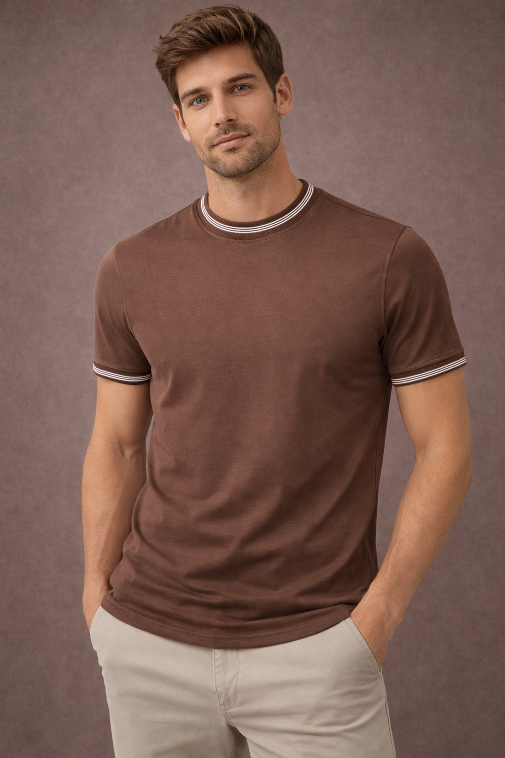 Manche Erkek 21-10382 Bisiklet Yaka Tshirt Kahve