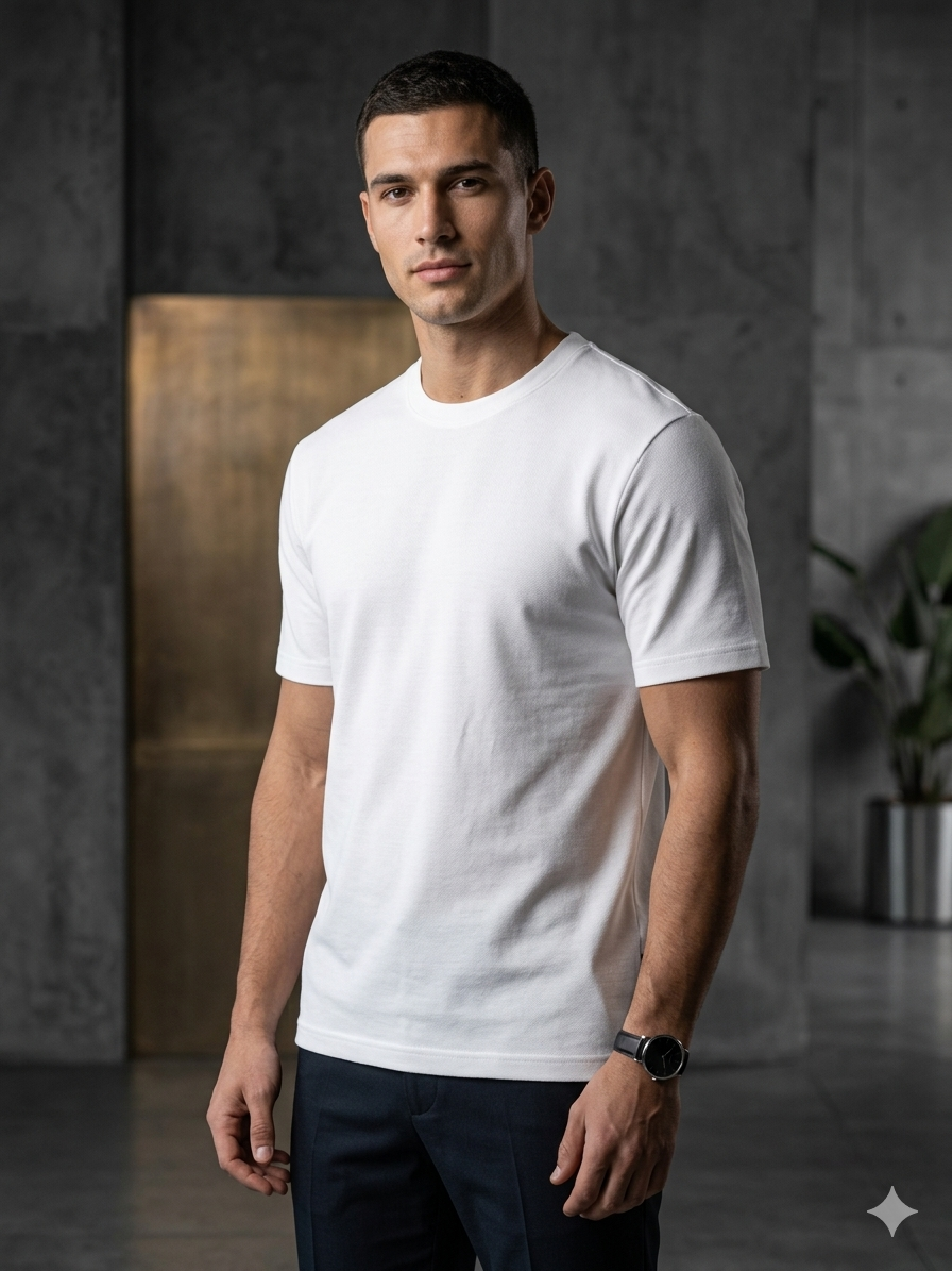 Manche Erkek 21-10887 Bisiklet Yaka Su Yolu Erkek Tshirt Ekru