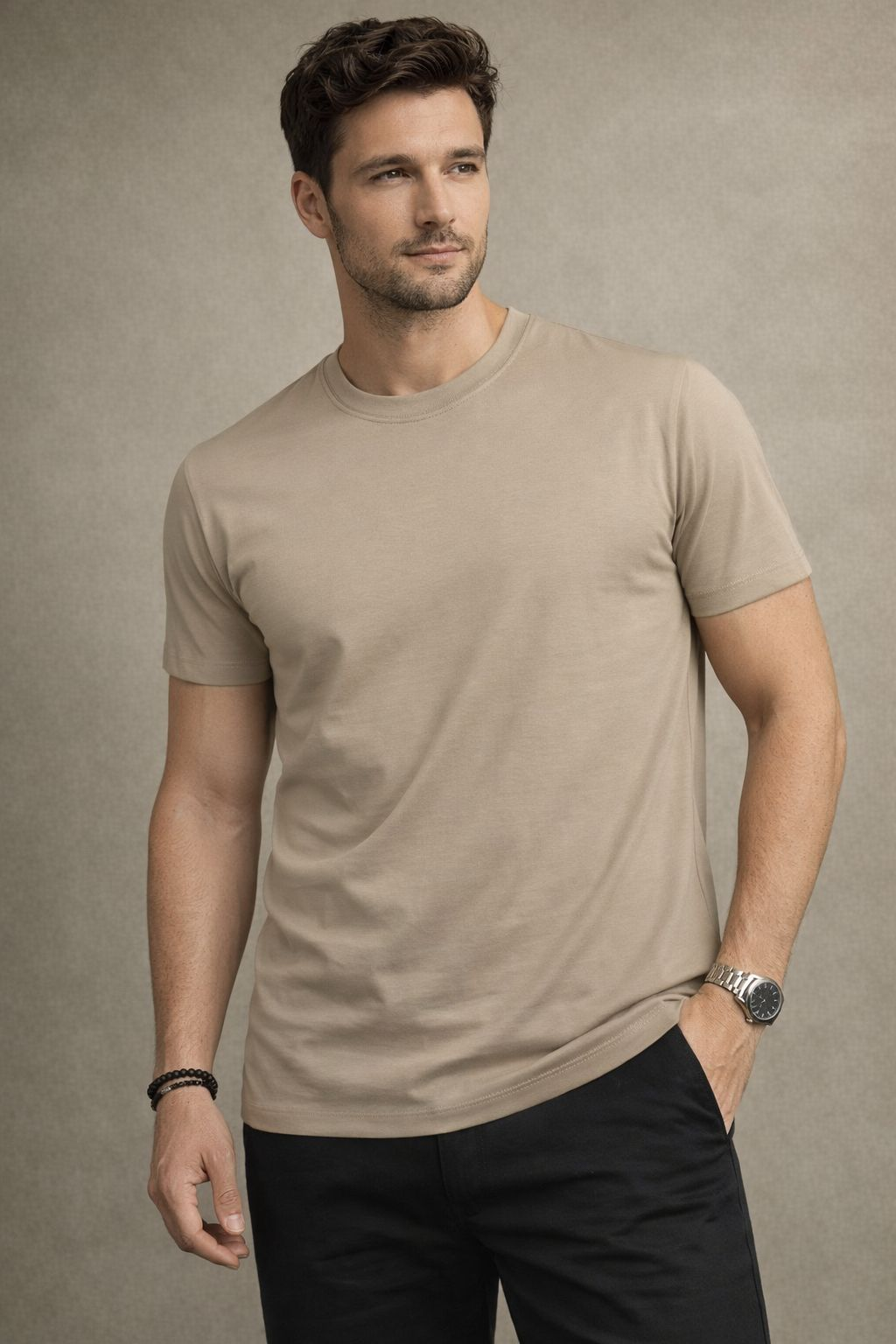 Manche Erkek 21-5722 Enjeksiyon Baskılı Bisiklet Yaka Basic T-Shirt Bej
