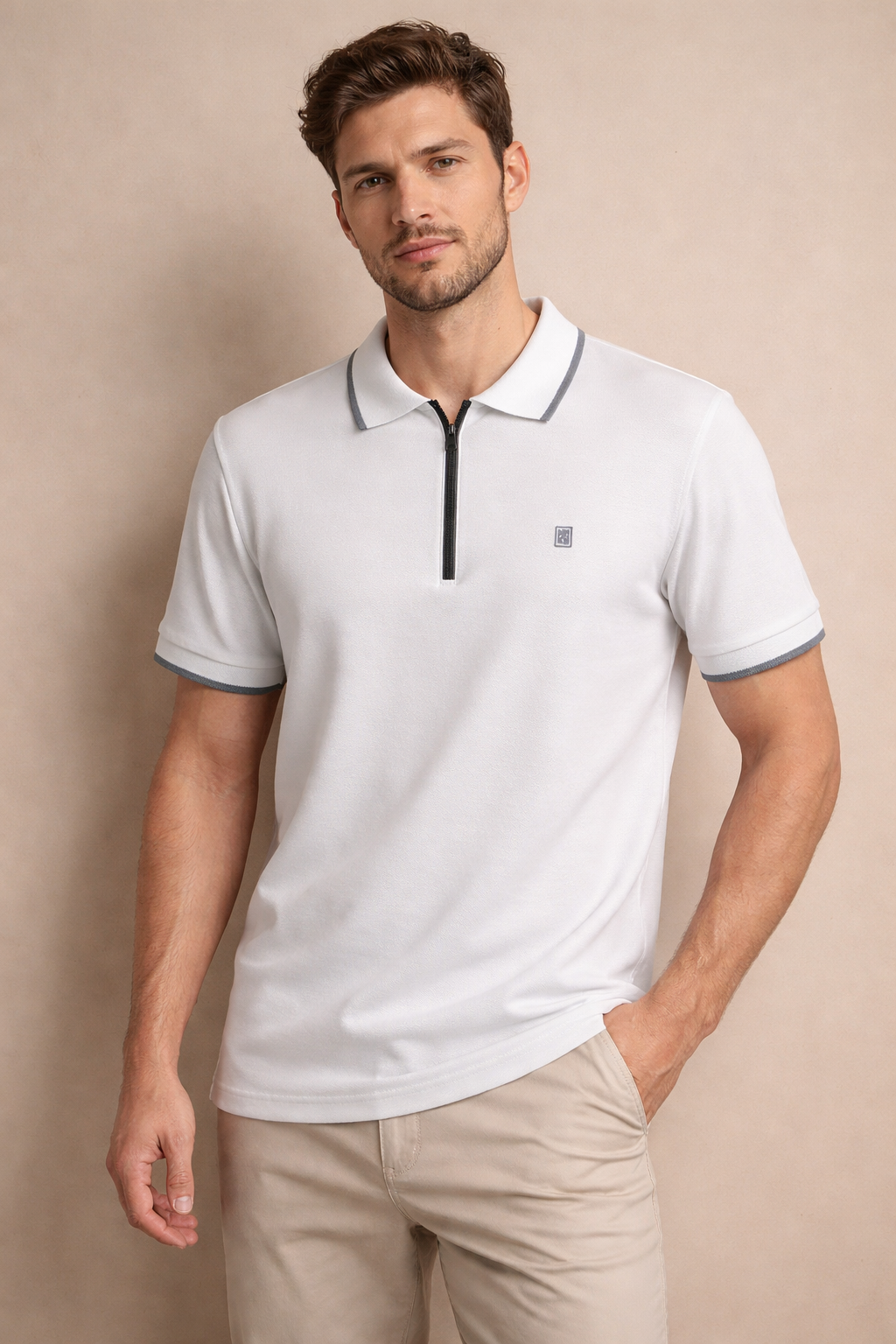 Manche Erkek 23-10460 Polo Yaka Petek Detaylı Tshirt Ekru