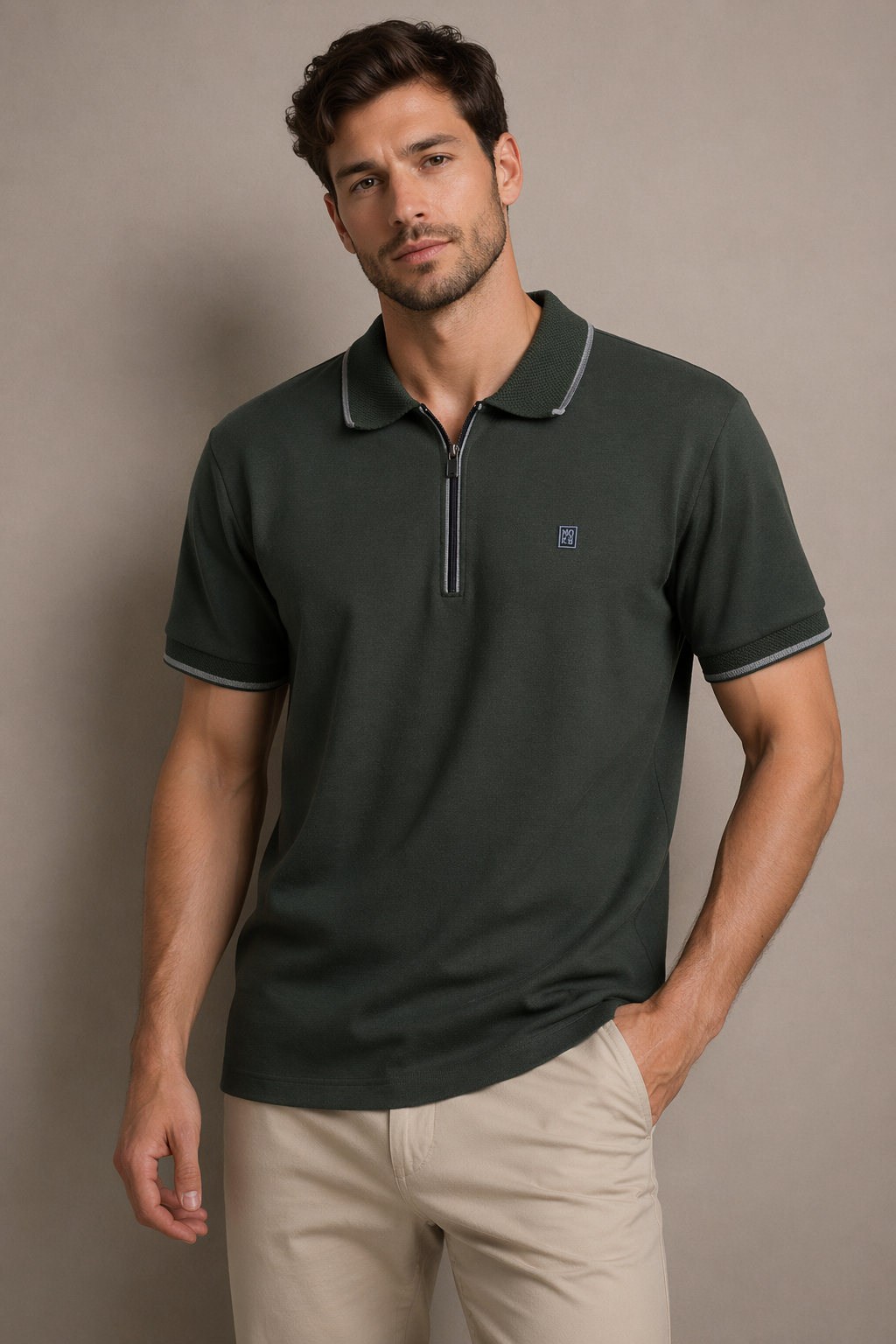 Manche Erkek 23-10460 Polo Yaka Petek Detaylı Tshirt Haki