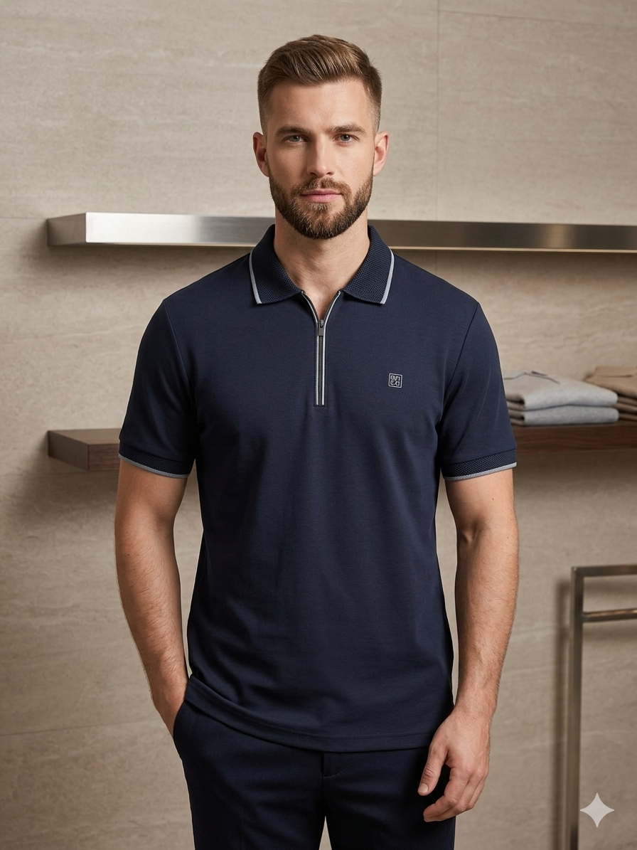 Manche Erkek 23-10460 Polo Yaka Petek Detaylı Tshirt Lacivert