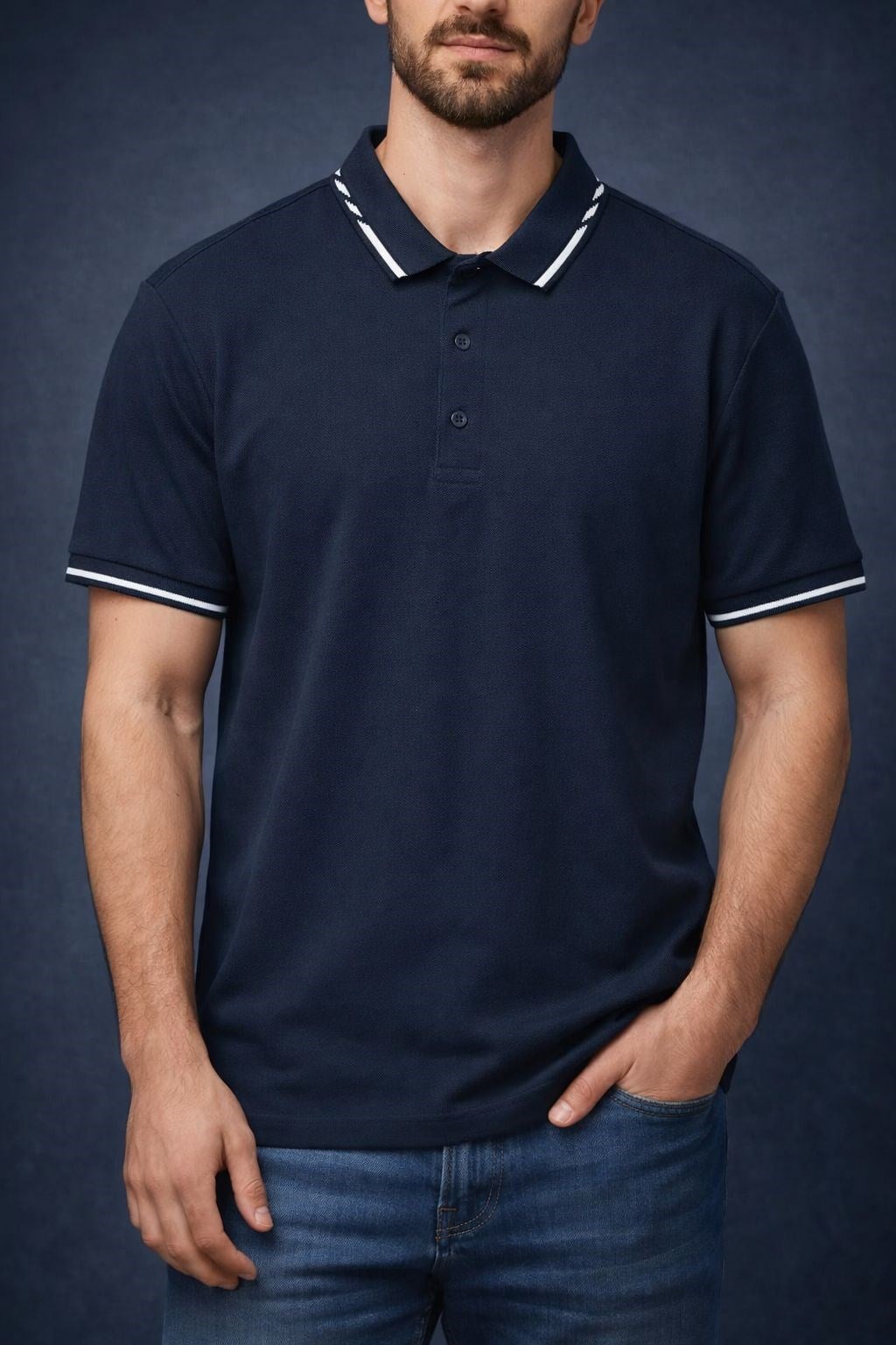Manche Erkek 23-10771 Yaka Detaylı Polo Yaka Erkek Tshirt Lacivert