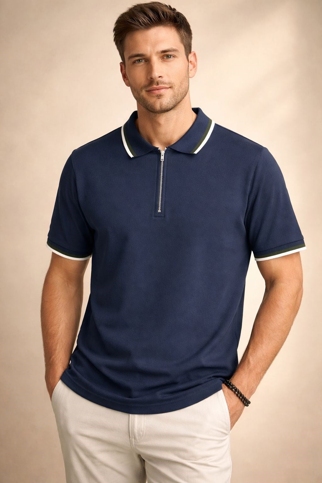 Manche Erkek 23-10772 Basic Yarım Fermuarlı Polo Yaka Erkek Tshirt Lacivert