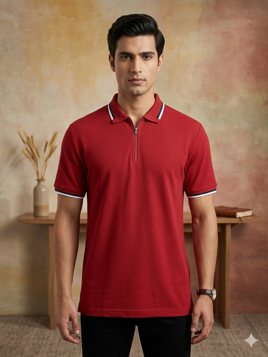 Manche Erkek 23-10772 Basic Yarım Fermuarlı Polo Yaka Erkek Tshirt Bordo