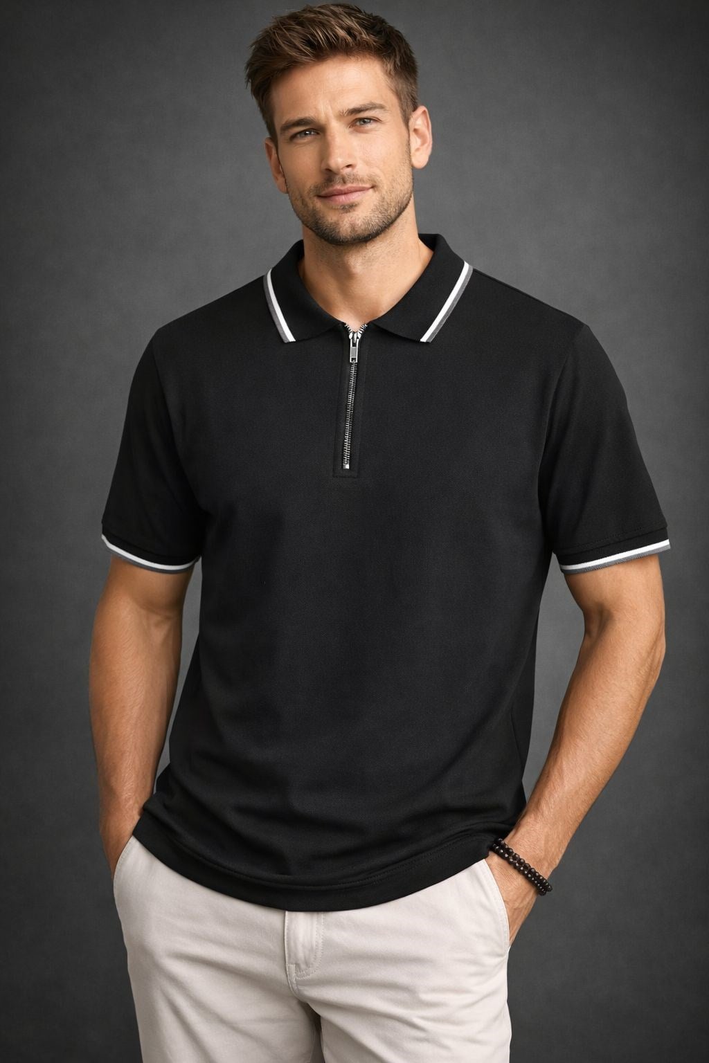 Manche Erkek 23-10772 Basic Yarım Fermuarlı Polo Yaka Erkek Tshirt Siyah