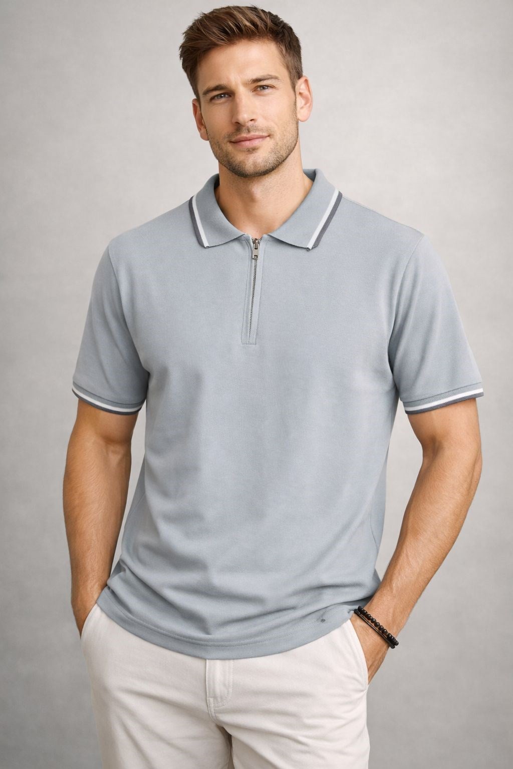 Manche Erkek 23-10772 Basic Yarım Fermuarlı Polo Yaka Erkek Tshirt Gri