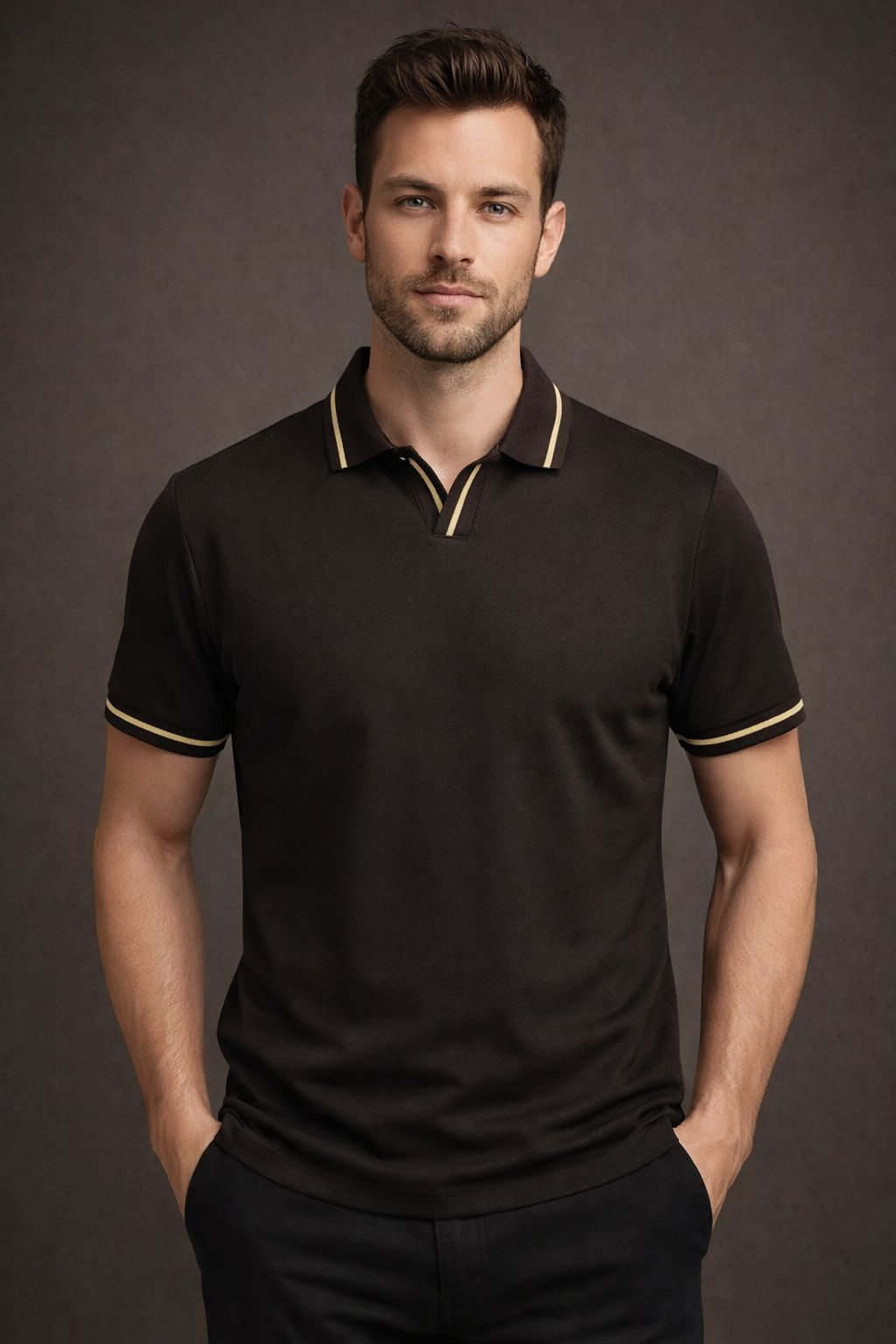 Manche Erkek 23-10773 Polo V Yaka Tshirt Kahve