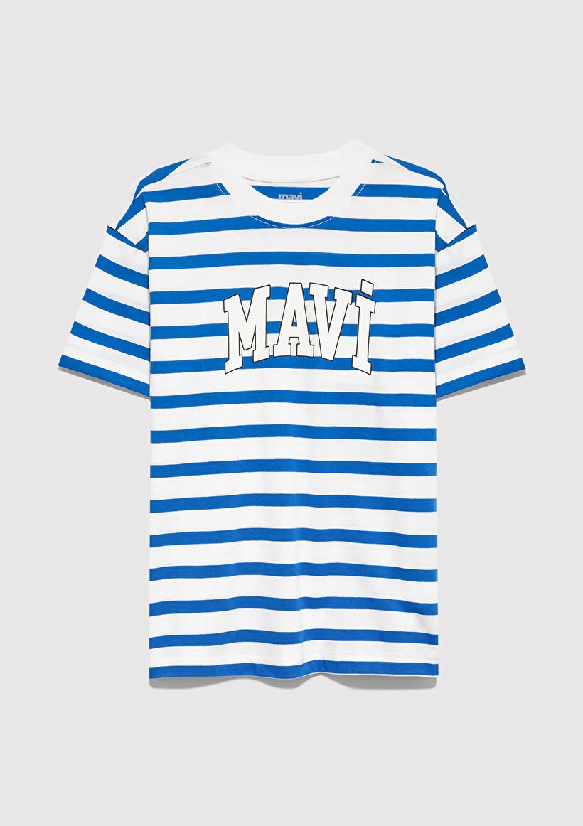 Mavi Çocuk M6610251-91364 Mavi Logo Baskılı Tişört Lapis Blue Stri Saks Mavi
