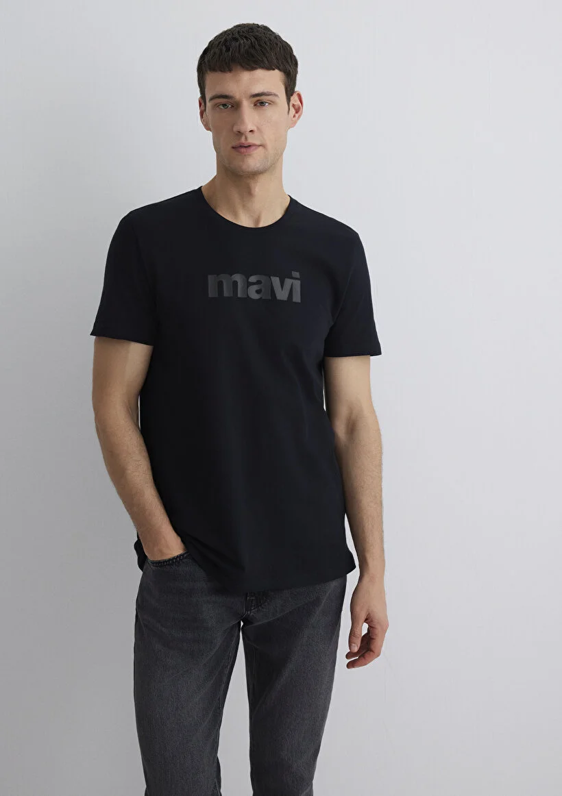 Mavi Erkek M065199-900 Mavi Baskılı Tişört Siyah Standart