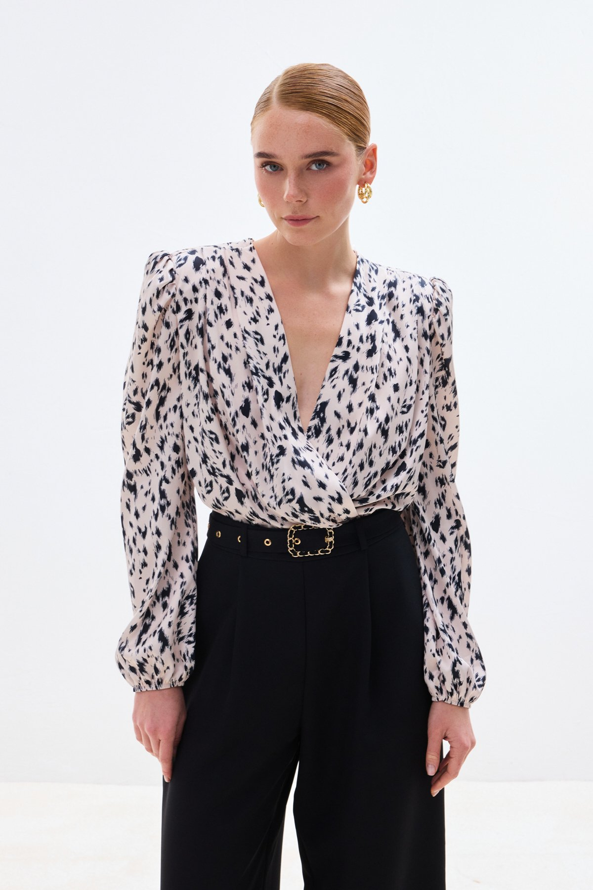 Sateen Kadın 26Y-1950-1610 Desenli Kruvaze Bodysuit Ekru