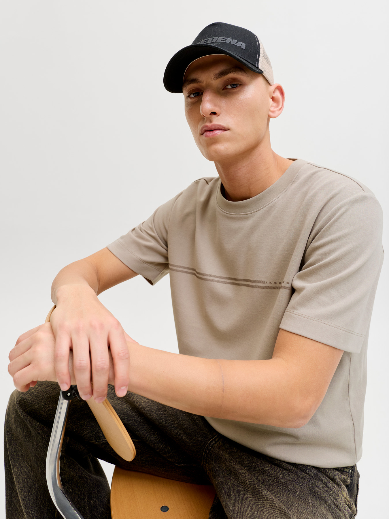 Jack&Jones Core Erkek 12289936 Jcofusıon Chest Brand Tee Ss Crew Noos Bej