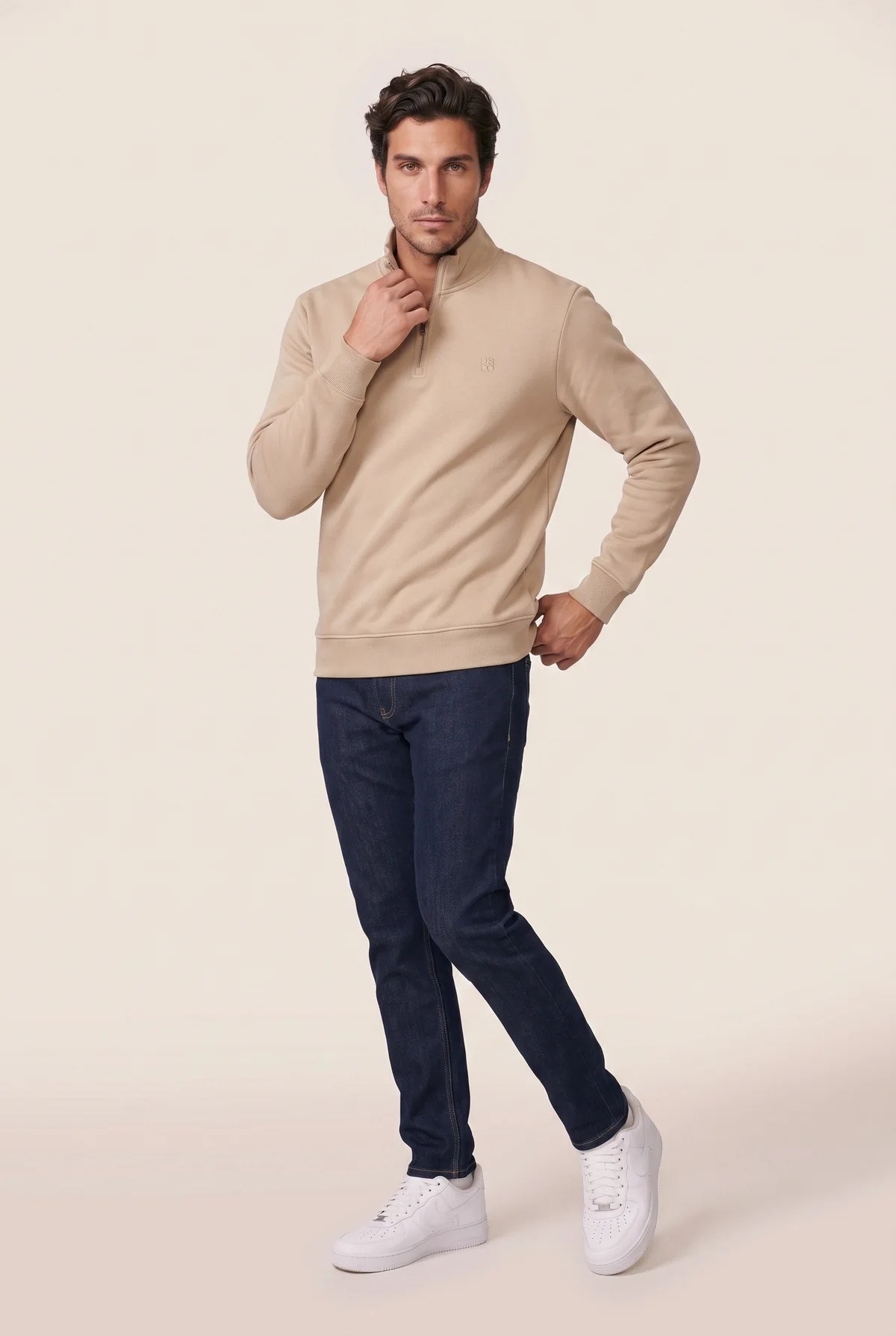 Jsco Erkek 6213 Dik Yaka Nakışlı Selanik Sweat Bej