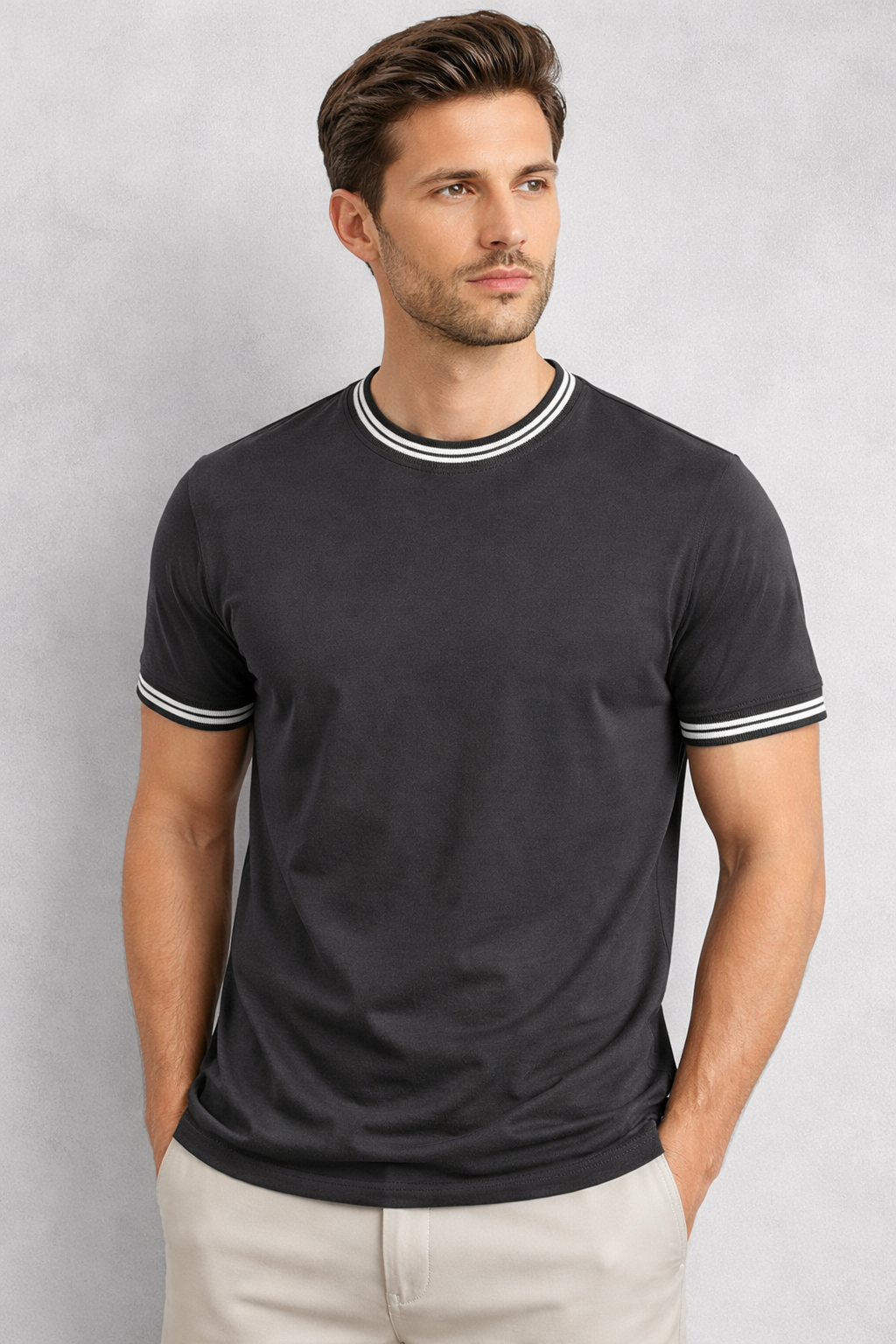 Manche Erkek 21-10382 Bisiklet Yaka Tshirt Siyah