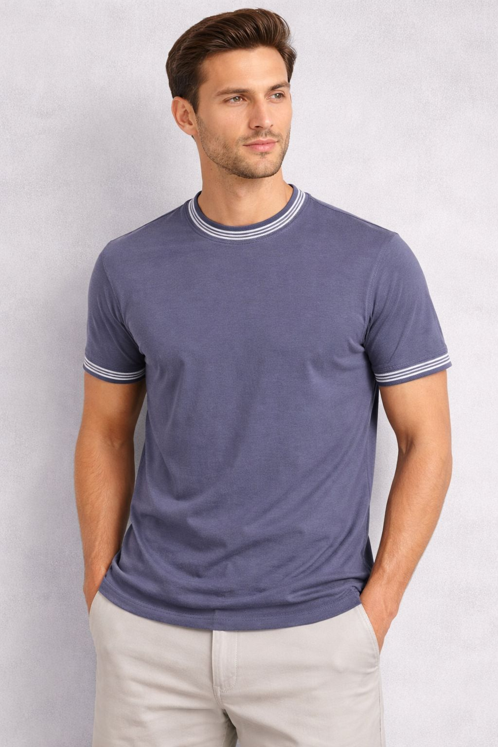 Manche Erkek 21-10382 Bisiklet Yaka Tshirt İndigo