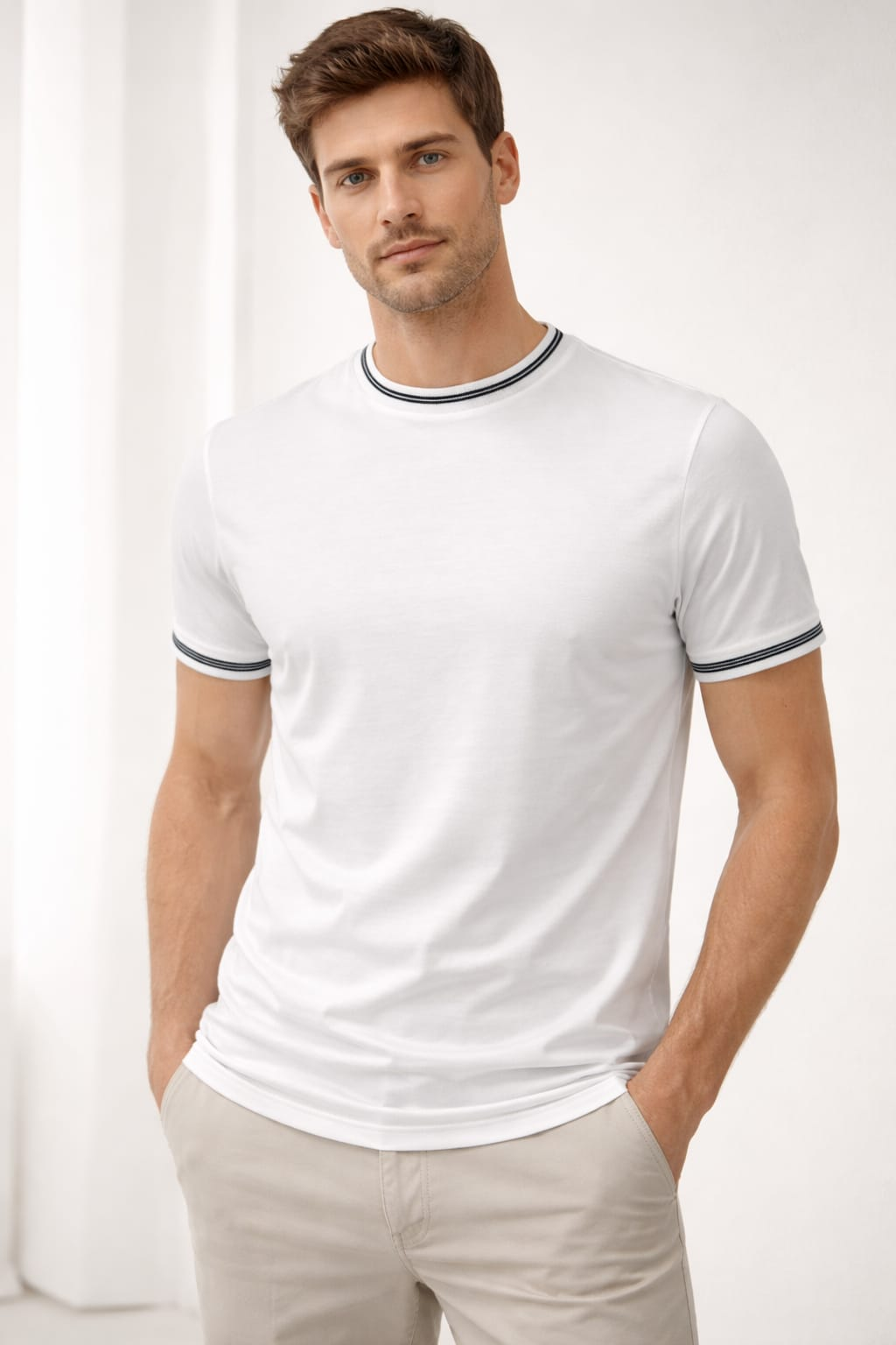 Manche Erkek 21-10382 Bisiklet Yaka Tshirt Ekru