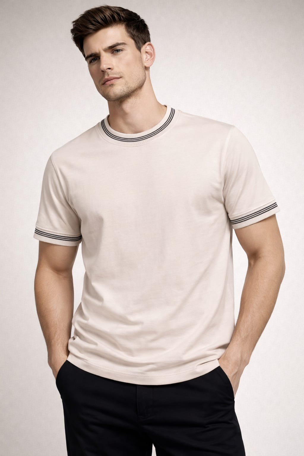Manche Erkek 21-10382 Bisiklet Yaka Tshirt Bej